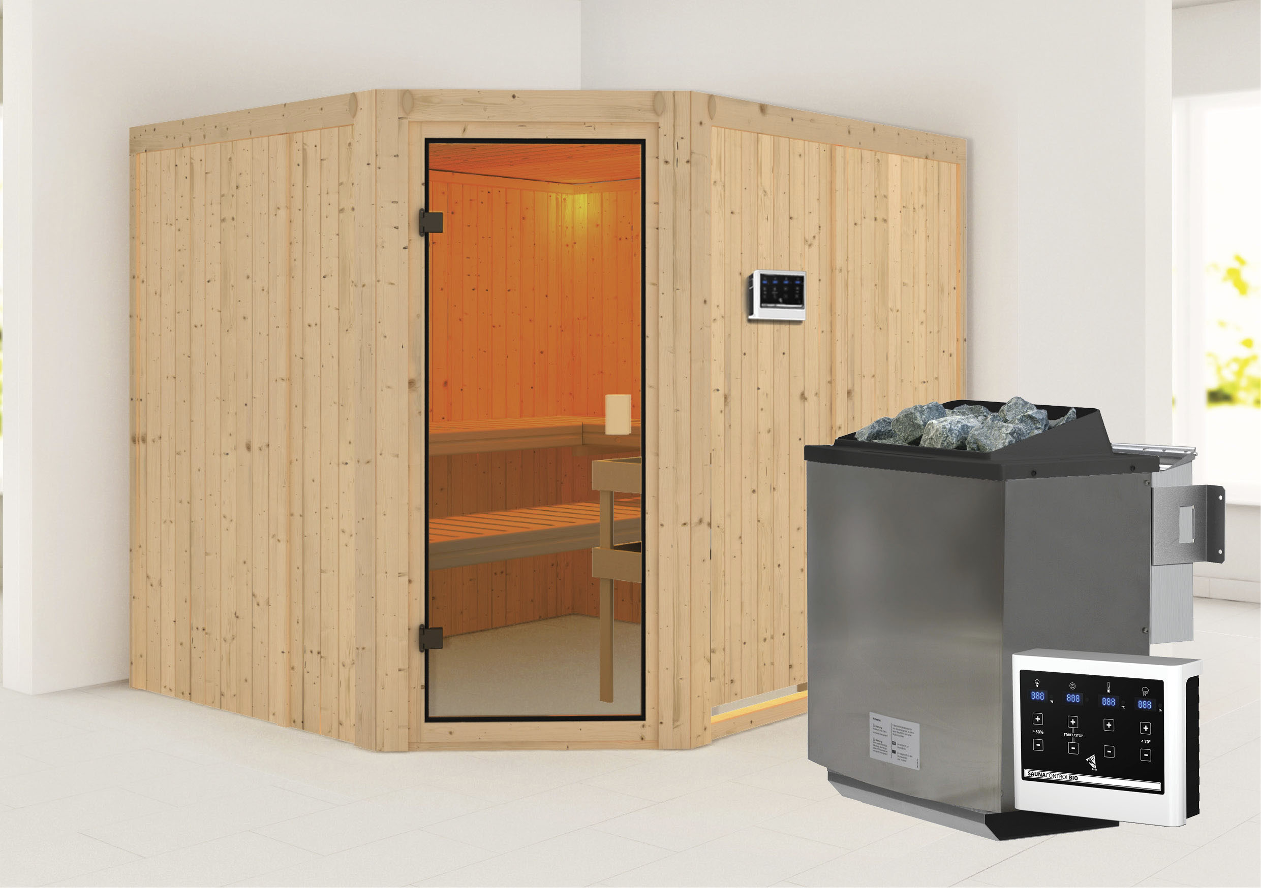 KARIBU Sauna "Horna", Bio-Kombiofen, (ohne Ofen), beige, Saunen, Ofen 9 kW Bio externe Strg easy