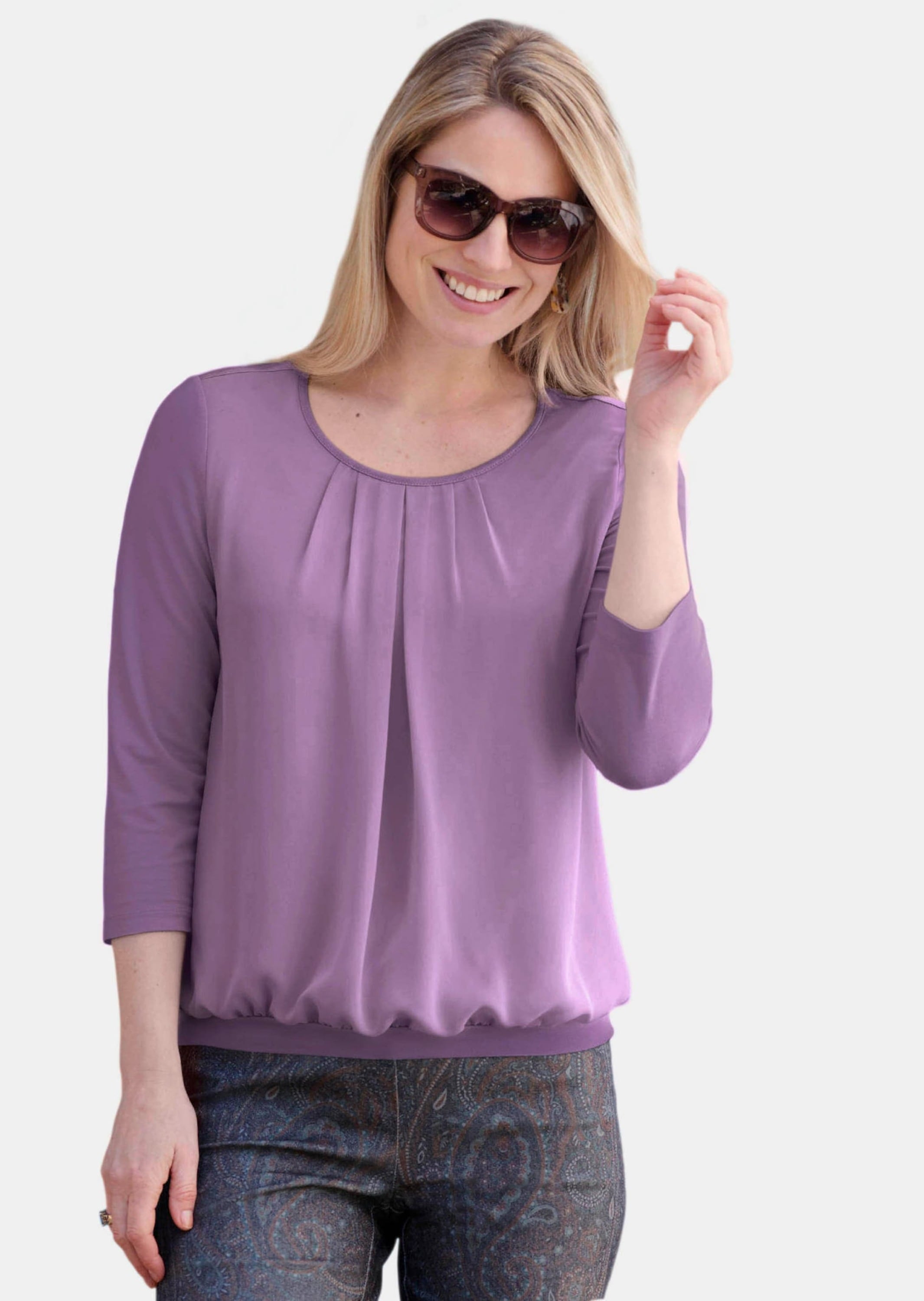 GOLDNER Kurzarmbluse »Kurzgröße Chiffon-Shirt mit 3/4-Arm, Rundhals« keine/nicht relevant
