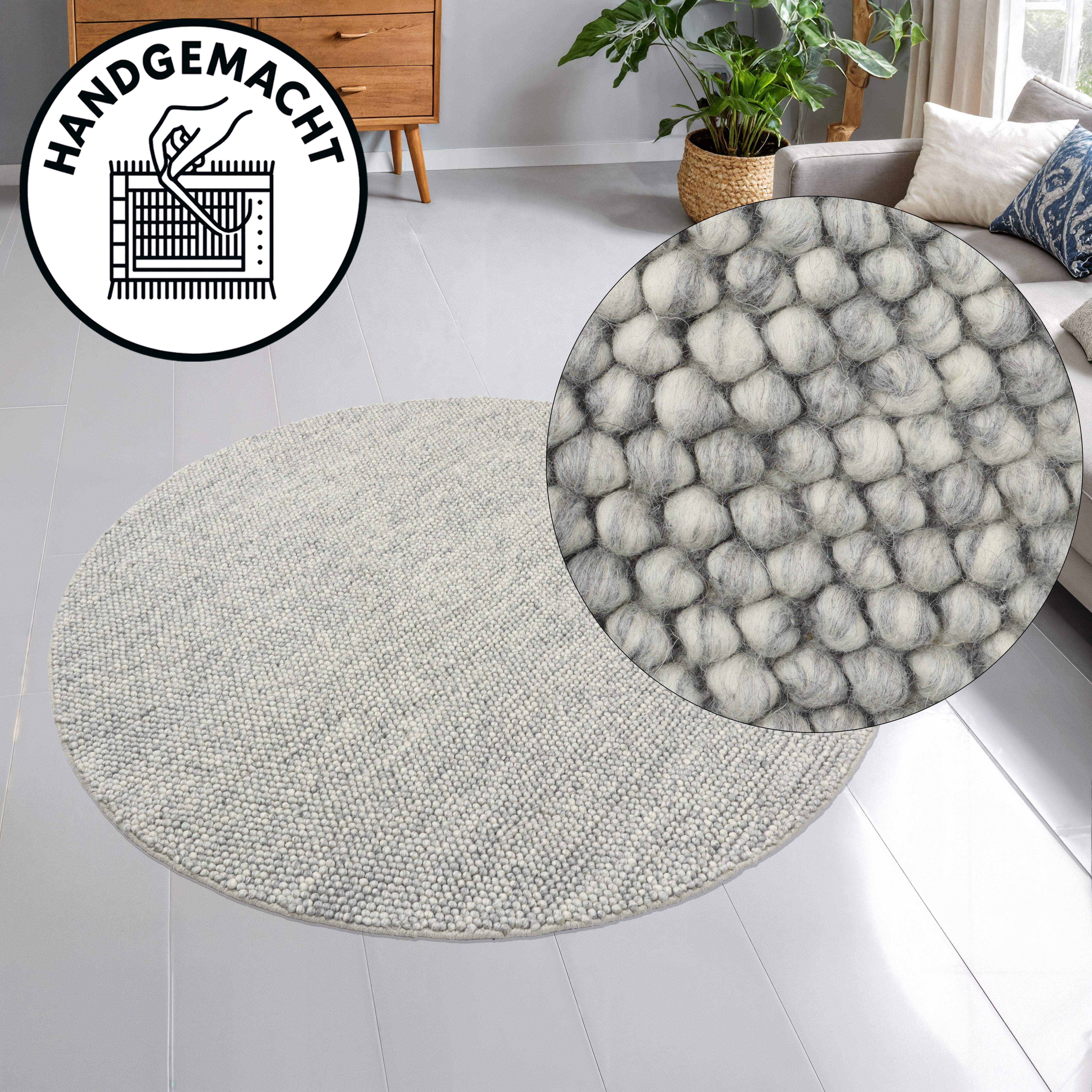 OTTO home Wollteppich "Wolly, Wolle" rund 14 mm Höhe handgewebt, Handweb Teppiche, Skandi, Wohnzimmer, Schlafzimmer