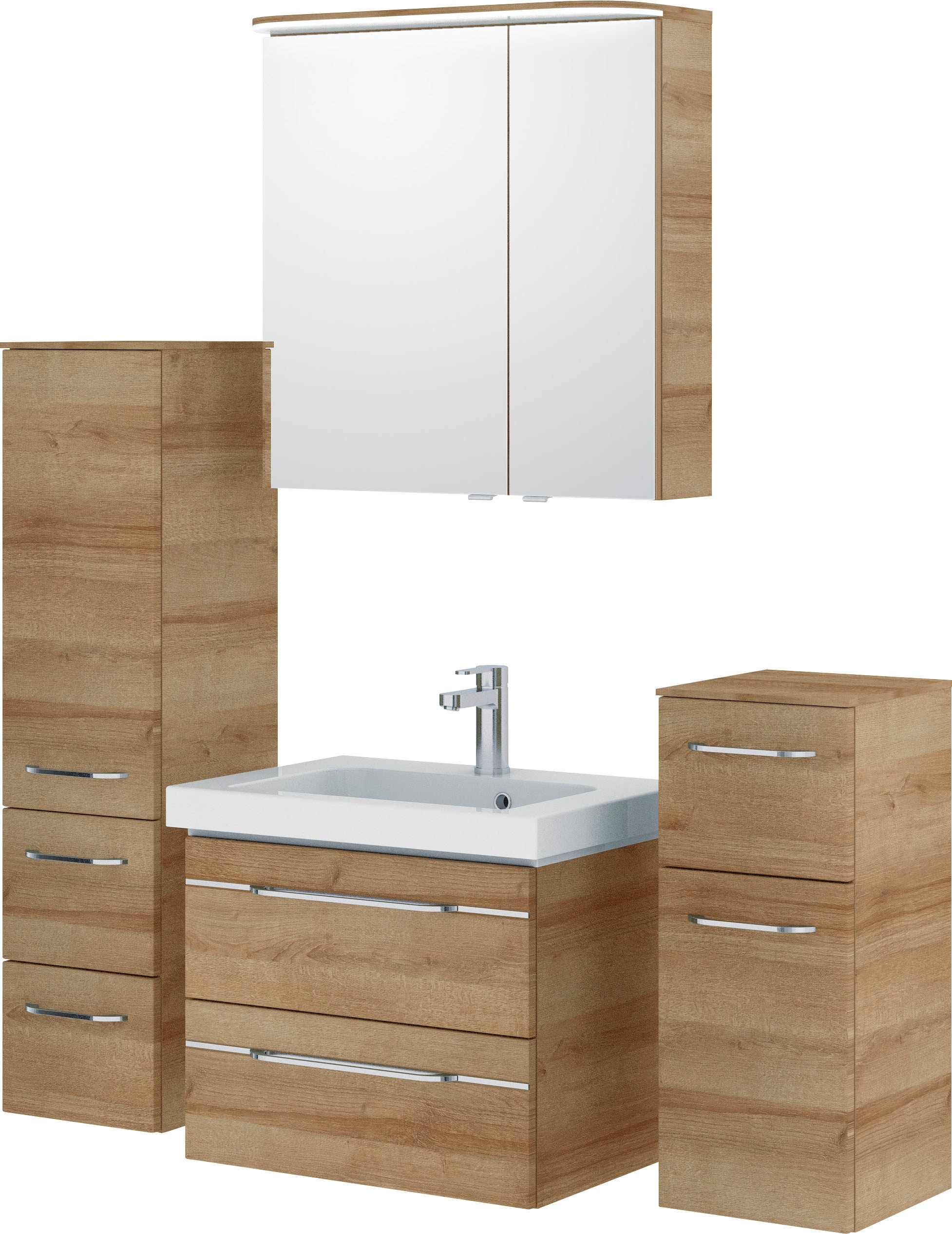 Saphir Badmöbel-Set »Balto Sprint 4-teilig, Mineralmarmor-Waschtisch mit LED-Spiegelschrank«, (5 St.), mit Unterschrank, Midischrank, inkl. Türdämpfer, 4 Türen, 5 Schubladen
