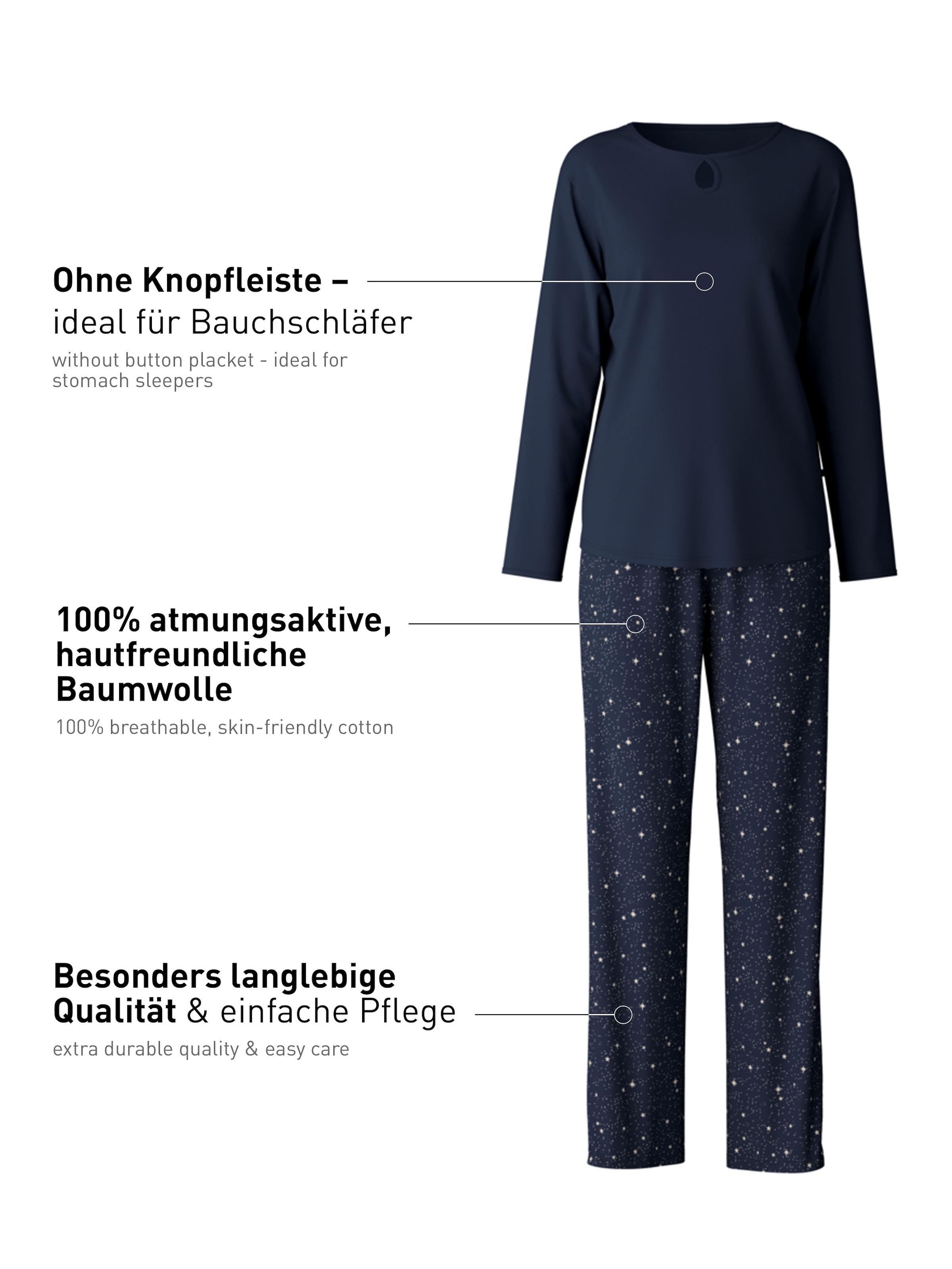 CALIDA Schlafanzug »Sweet Dreams«, (2 tlg.), lockere Passform, Rundhals, Interlock-Qualität, Langarm, weich
