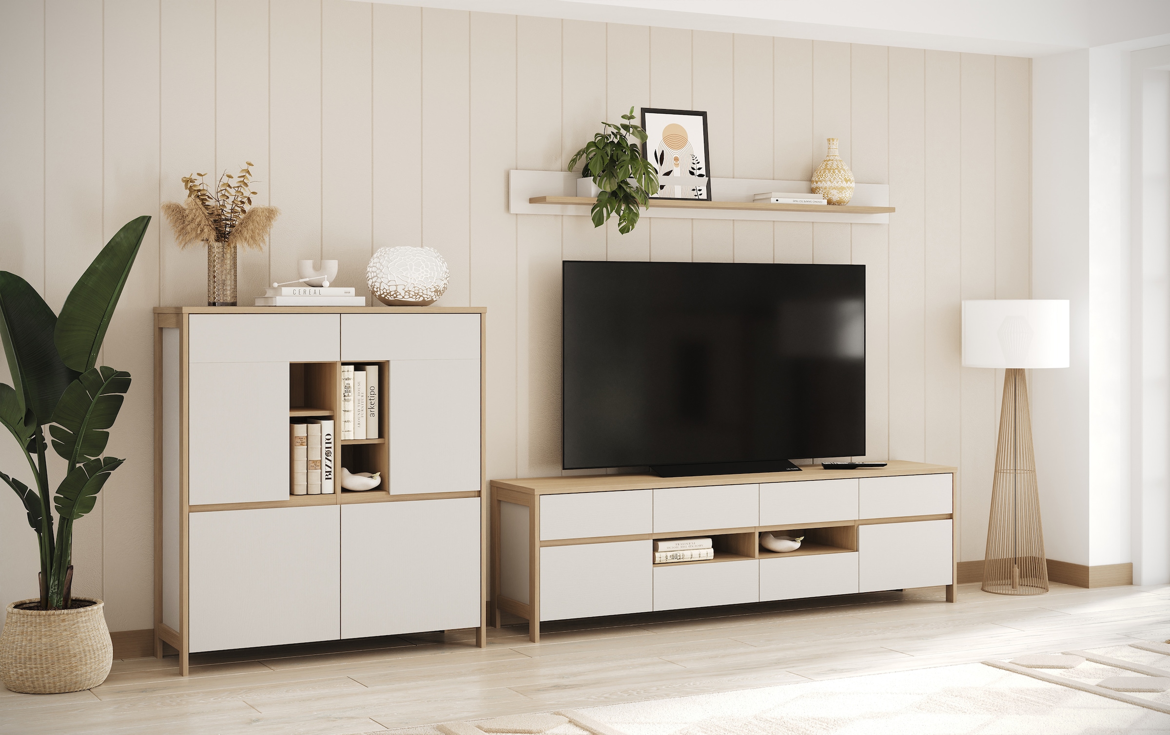 Home affaire Wohnwand »Stranda, moderne Anbauwand, Komplettset im Scandi-Style«, (3 St.), enthält Lowboard, Highboard und Wandboard, 324 cm breit