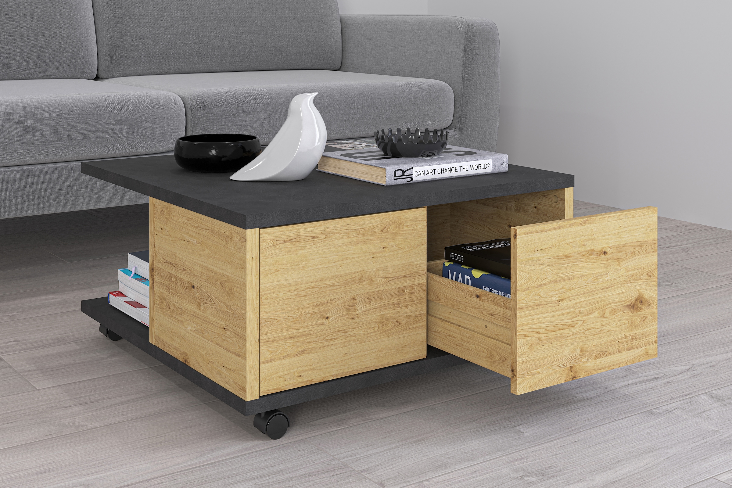 FMD Couchtisch "Twin" Schubladen als Push-to-open, viel Staur., mit Rollen, günstig online kaufen