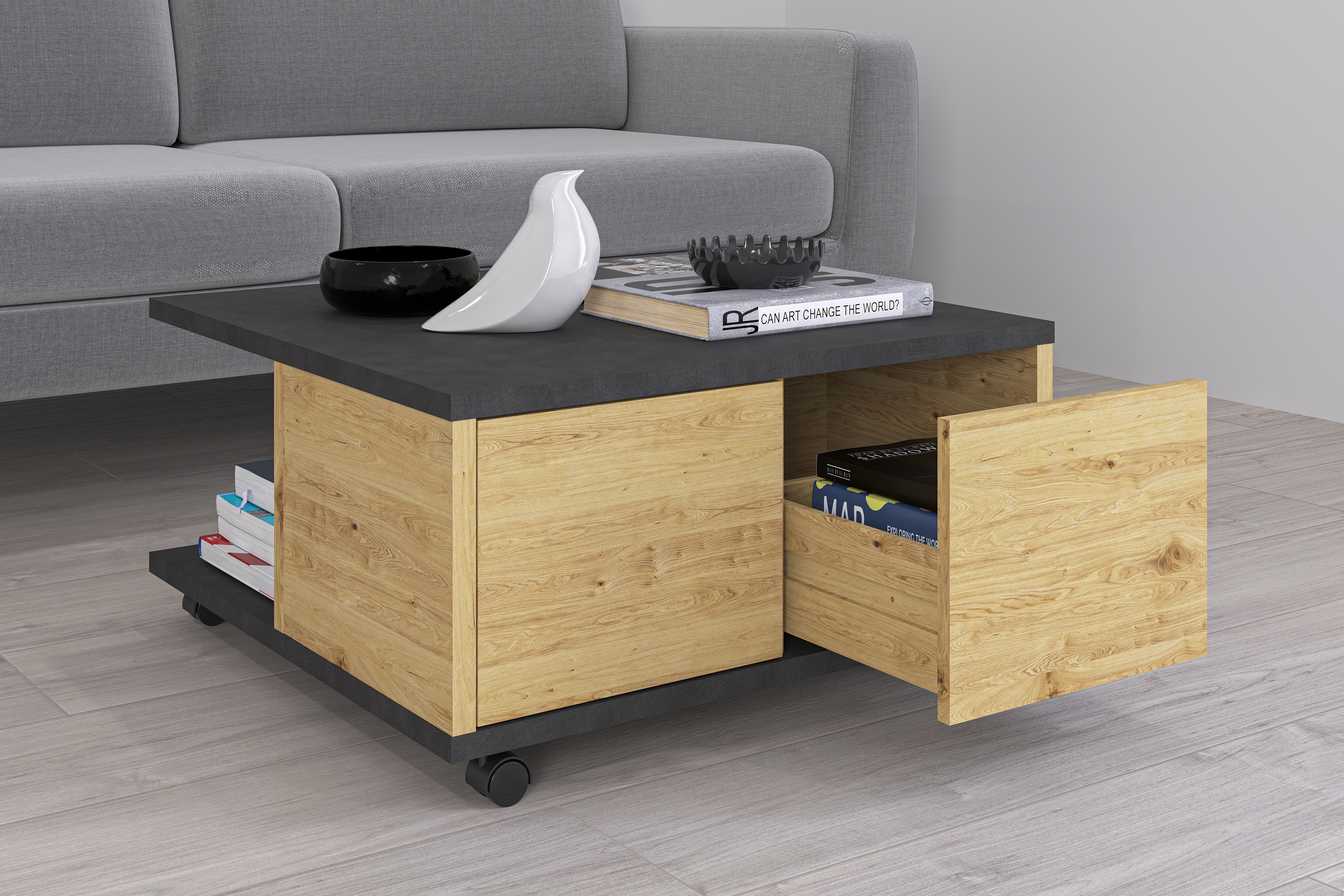 FMD Couchtisch "Twin" Sofatisch mit Rollen, Push-to-open, viel Stauraum, Breite: 70 cm