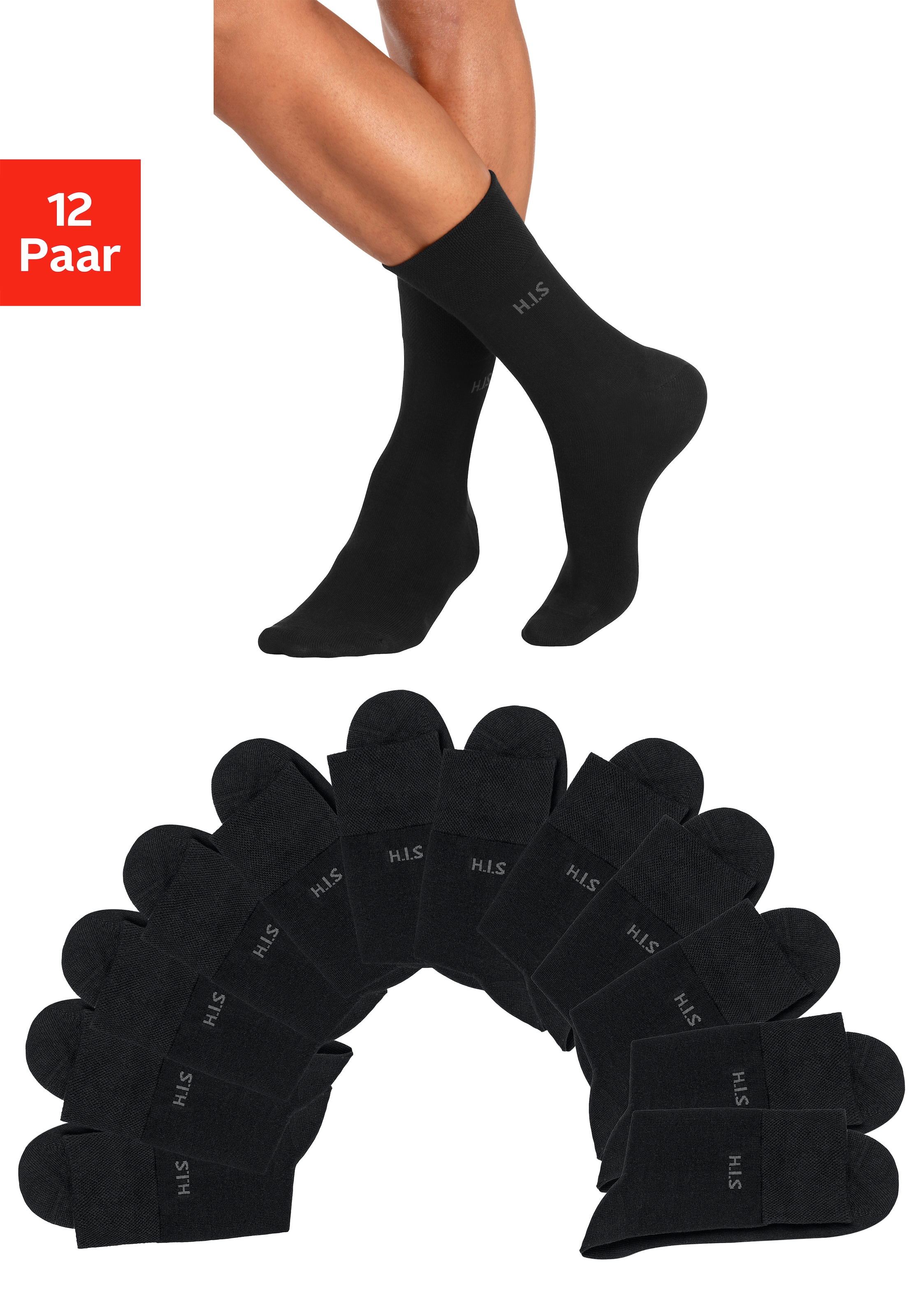 H.I.S Socken "Herren Basic Strümpfe Atmungsaktive Baumwolle, Männersocken Business" Packung, 12 Stk. tlg. ohne einschneidendes Gummi