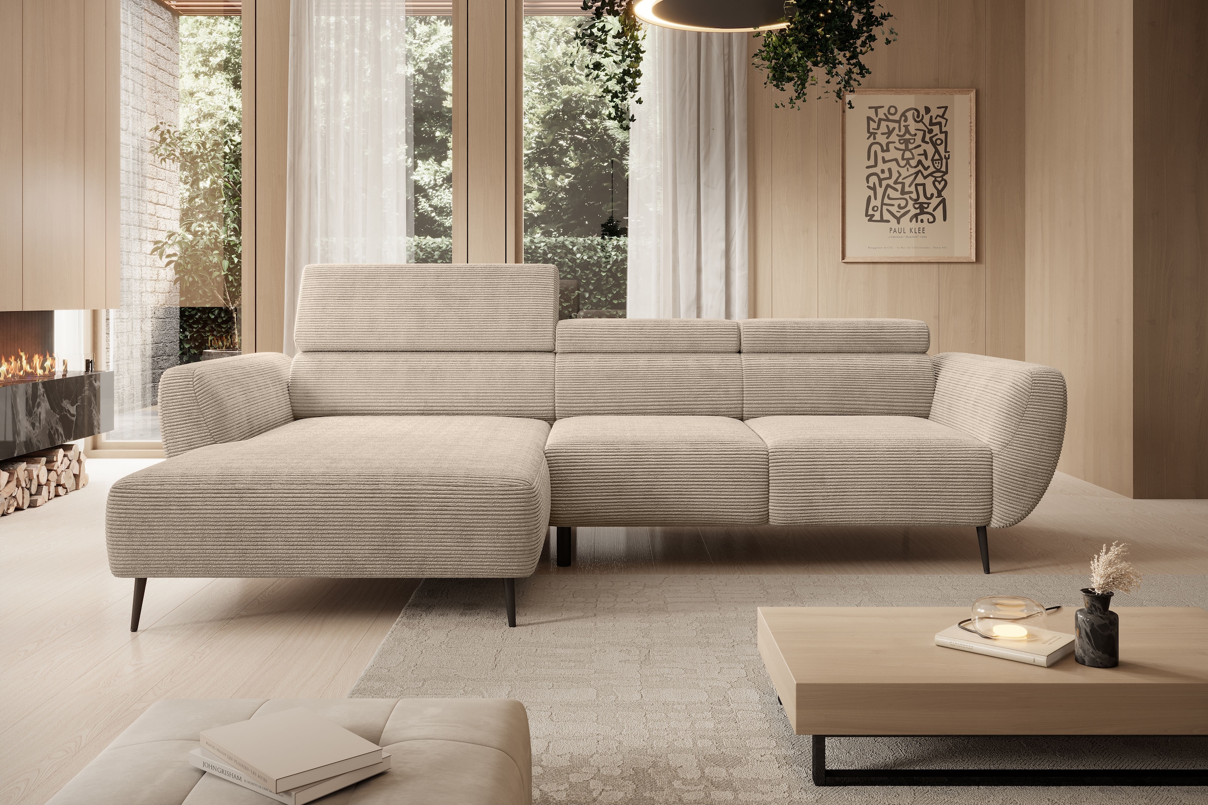 WERK2 Ecksofa "Alisson 277 x 174 cm modern und bequem" Cord, L-Form, XXL, elektrische Sitztiefenverstellung, Schlaffunktion
