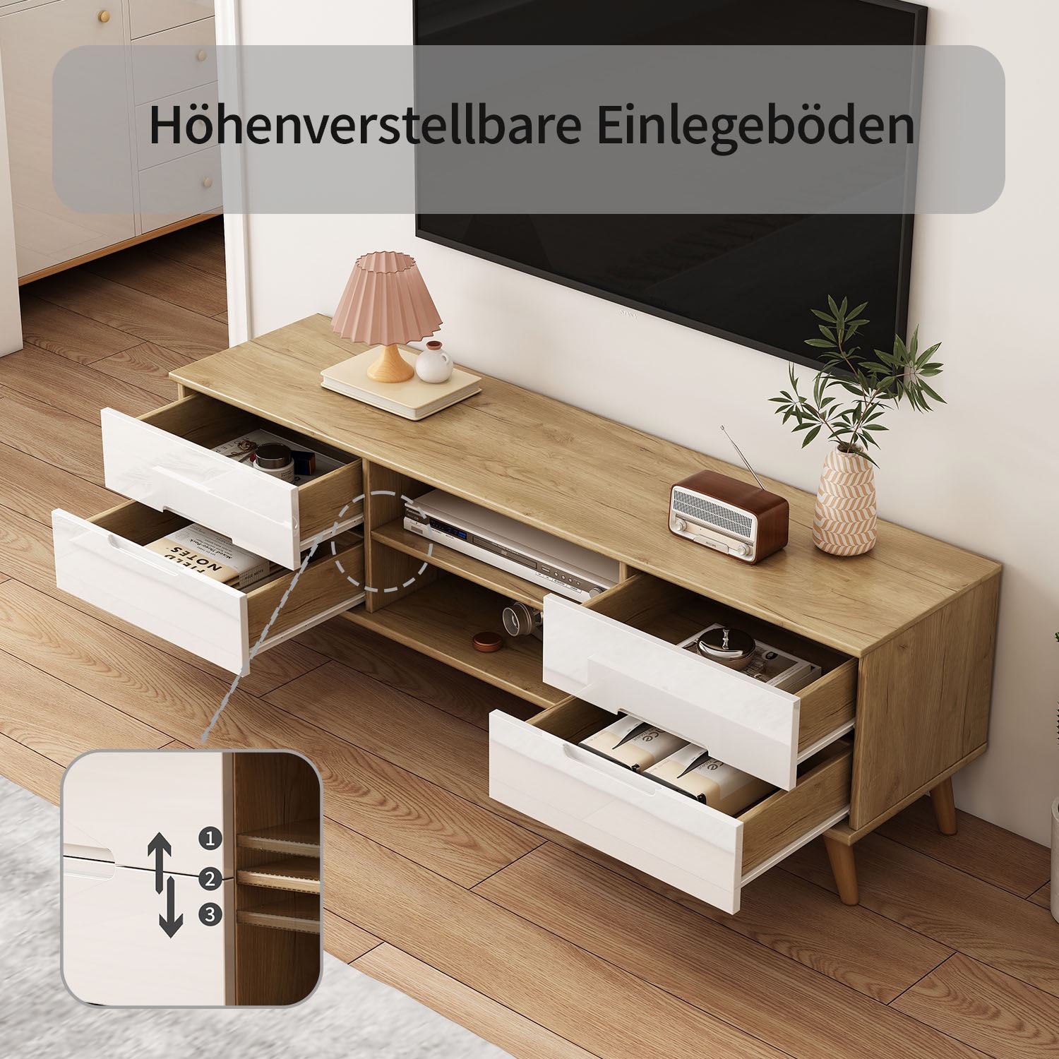 Thumbnail - OTTO home TV-Board "Lund" glänzende Fronten, Kabeldurchführung, helles Holzdekor, Breite 160 cm