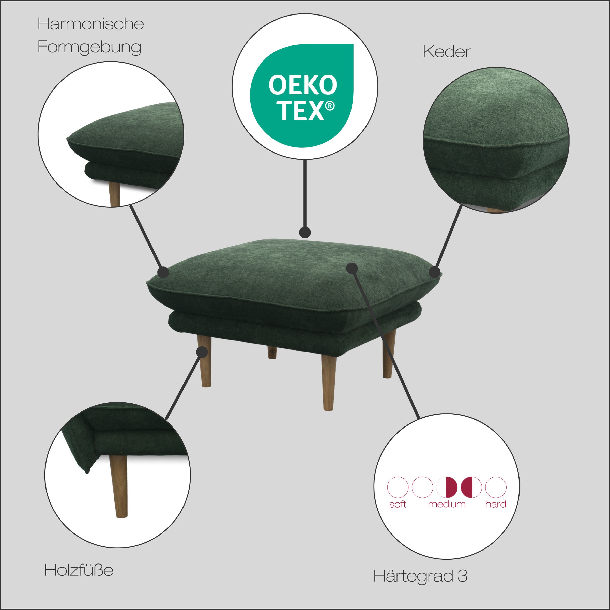 Thumbnail - DOMO collection Hocker "Leuven" angenehm feste Polsterung, bodenfrei, 19 cm hohe Holzfüße