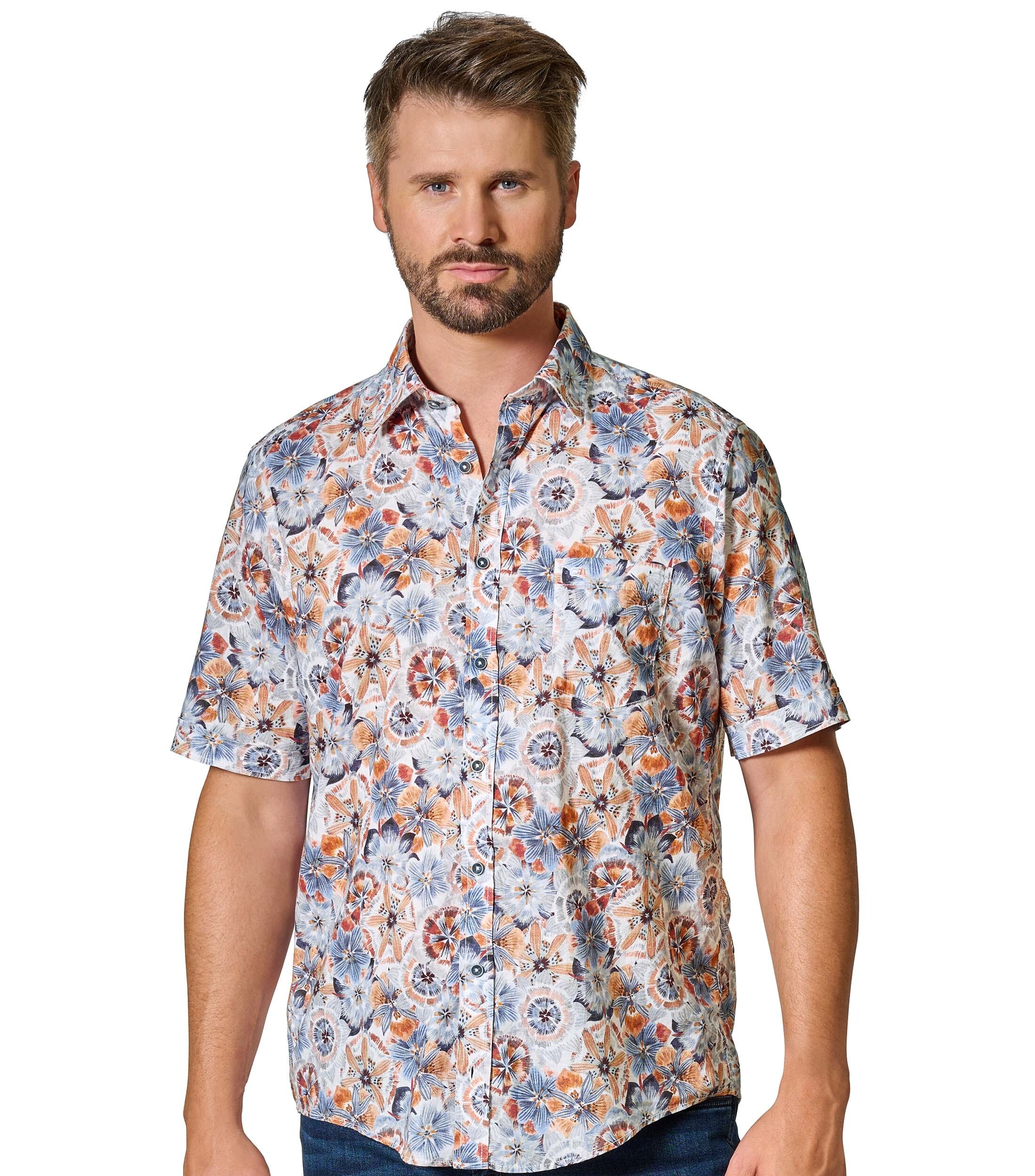 Kurzarmhemd CASAMODA "CASAMODA Leinenhemd Kurzarm Print", Herren, Gr. XL, Normalgrößen, orange, 50% Leinen, 50% Baumwolle, bedruckt, lässig geschnitten, Hemden