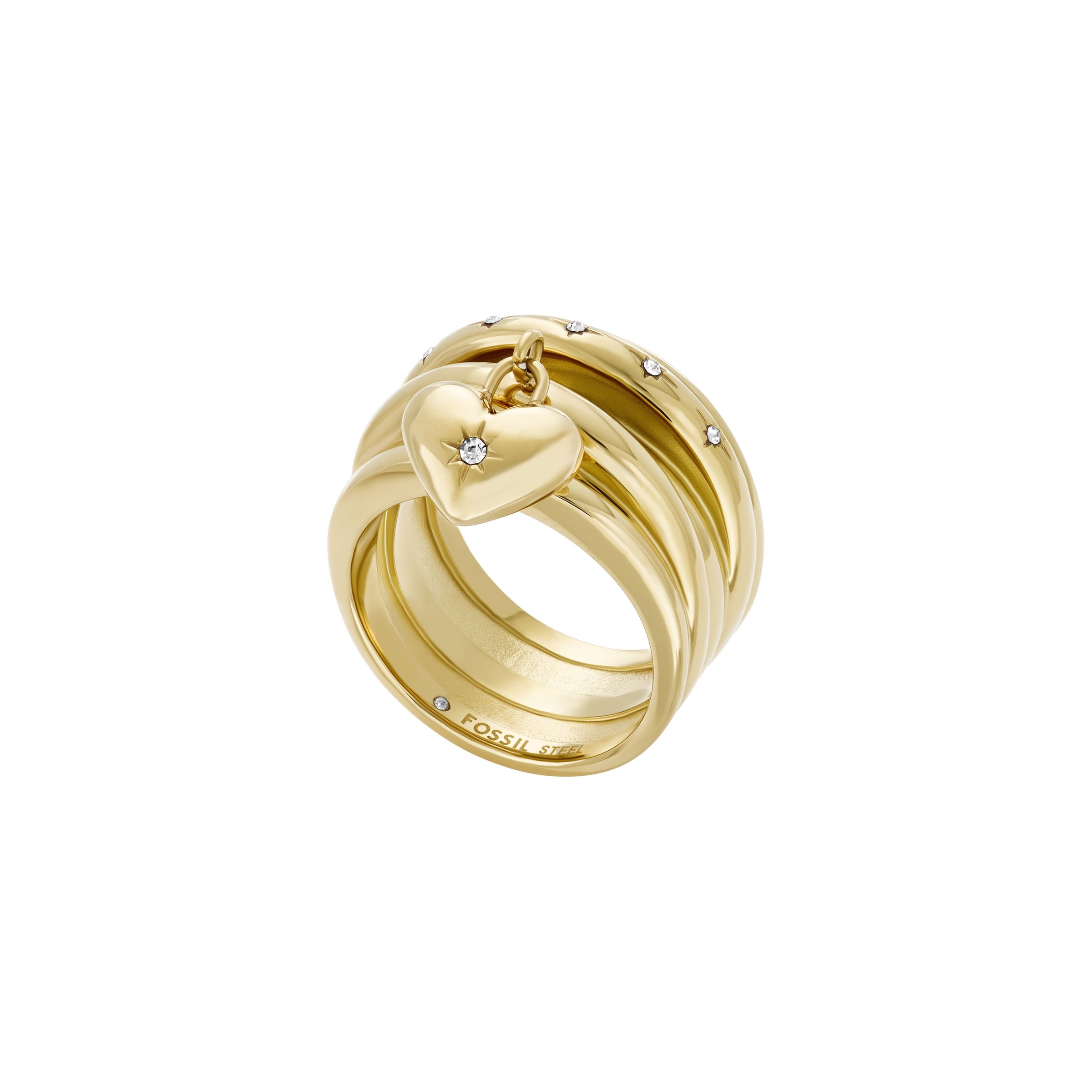 Fingerring FOSSIL "Schmuck Geschenk Edelstahl Ring SADIE" Gr. 19, gold (gelbgoldfarben, kristallweiß), Fingerringe, Damen, 19, Edelstahl, 11mm, Fingerring, mit Glasstein 3