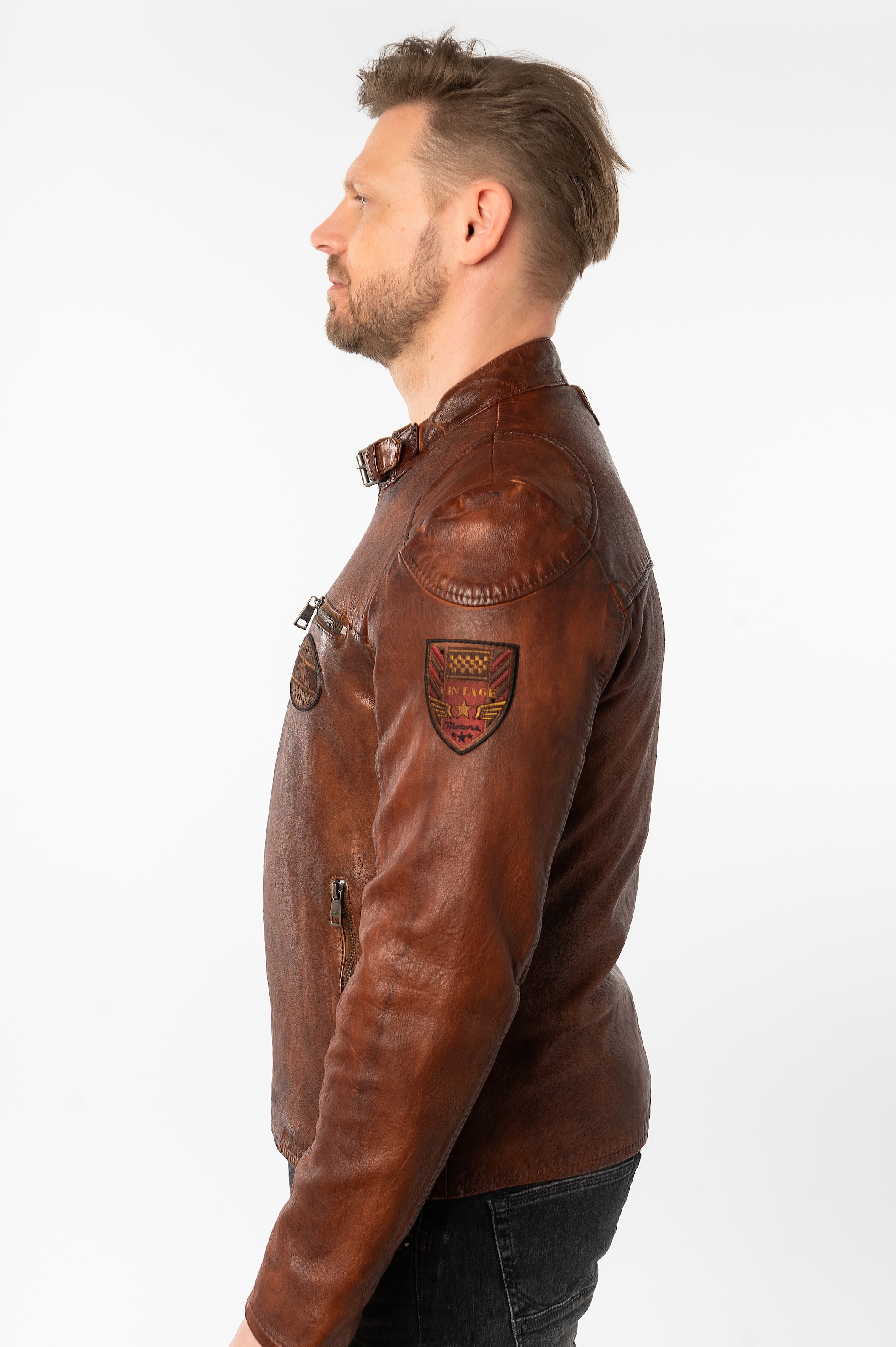 Mauritius Lederjacke »MMKendrik«, mit Patches, Stehkragen