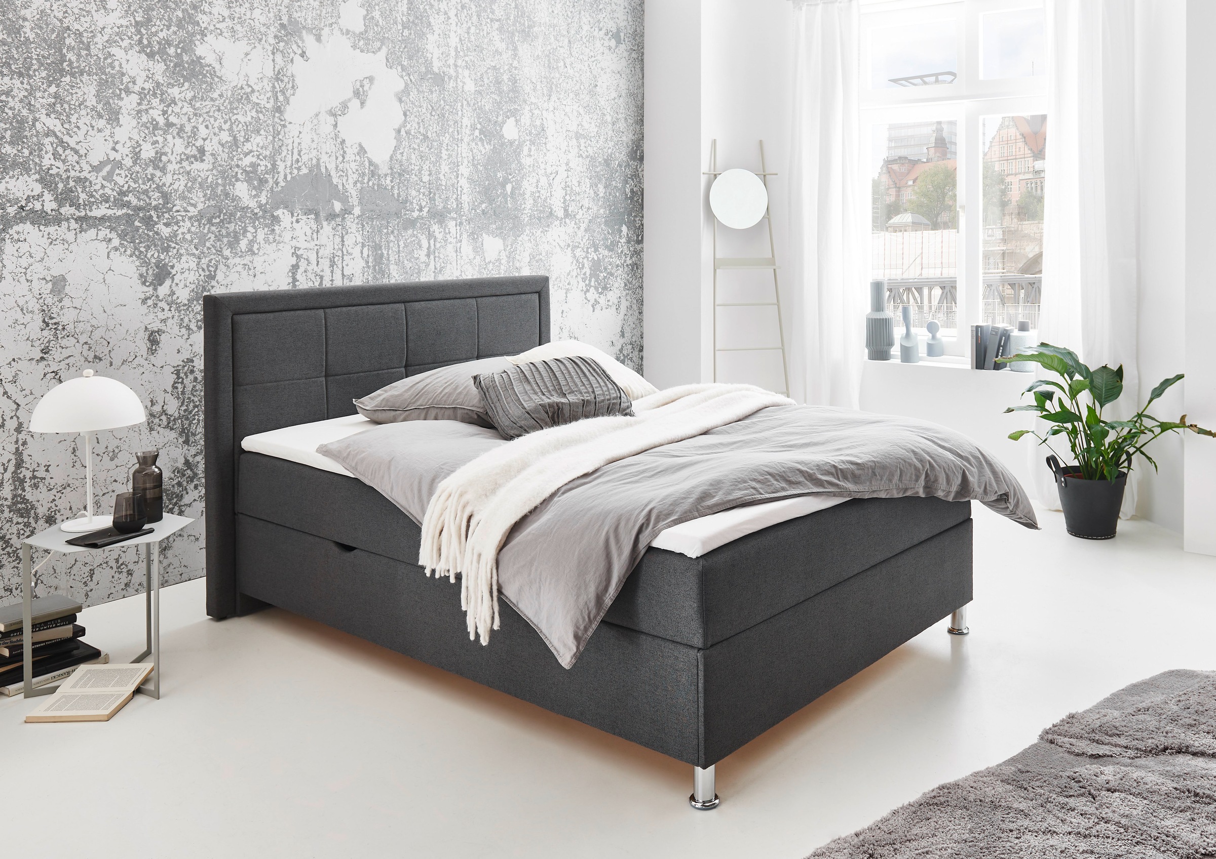 Home affaire Boxbett "FERGUS, Polsterbett mit Bettkasten, inkl. Taschenfederkernmatratze H3" mit Topper, Strukturstoff-Bezug, 120x200 cm, Metallfüße in Chromoptik