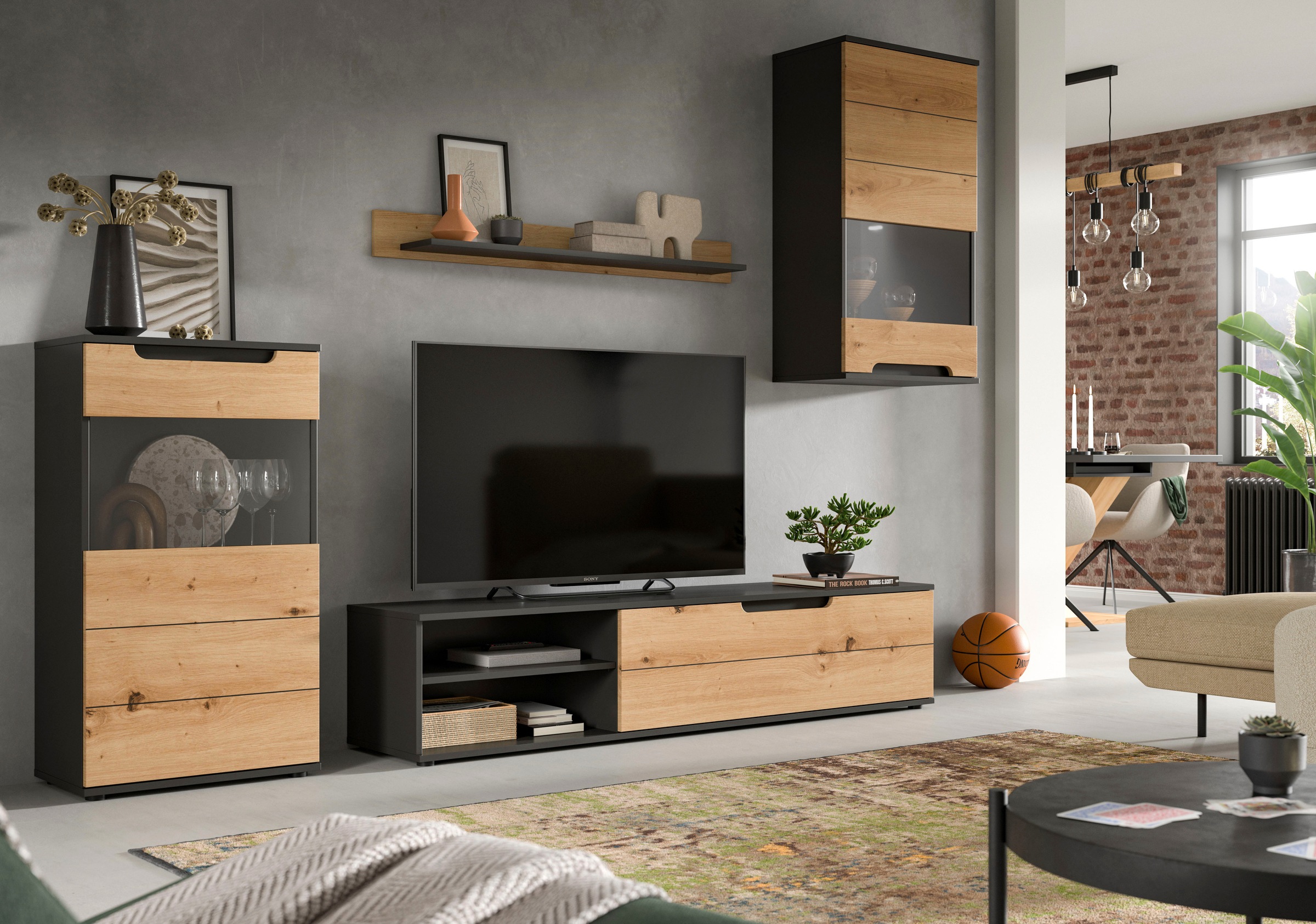 INOSIGN Wohnwand »SKEPP, 4-teilig, best. aus: 2x Vitrine, 1x Lowboad & 1x Wandboard«, Anbauwand, Set, Möbelset, TV-Wand, Wohnzimmerset, Schrankwand