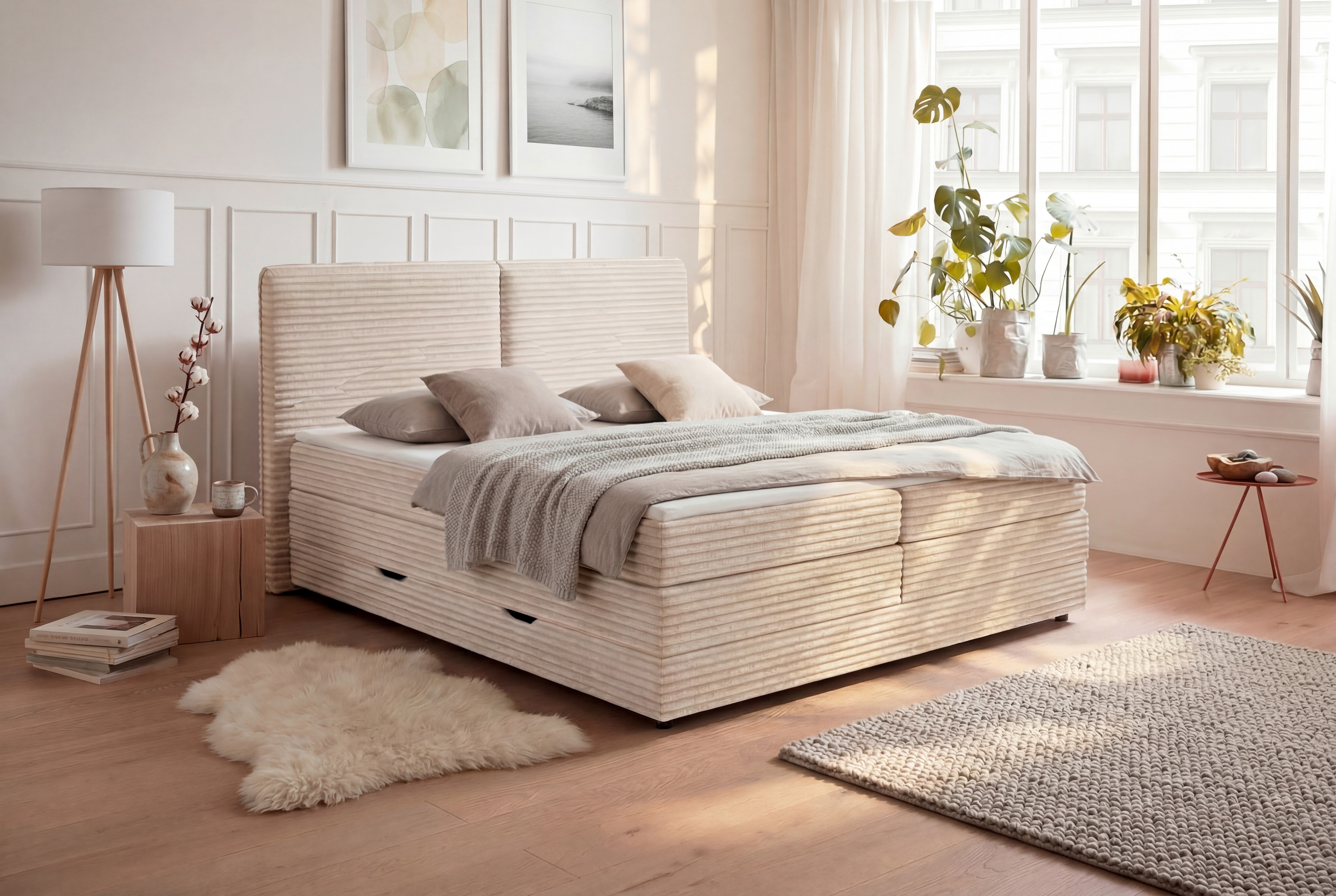 Home affaire Boxbett "VÄSTERVIK, Polsterbett mit Bettkasten und Taschenfederkernmatratze H3" mit Topper, kuscheliger Breitcord-Stoff, Liegefläche 180x200cm