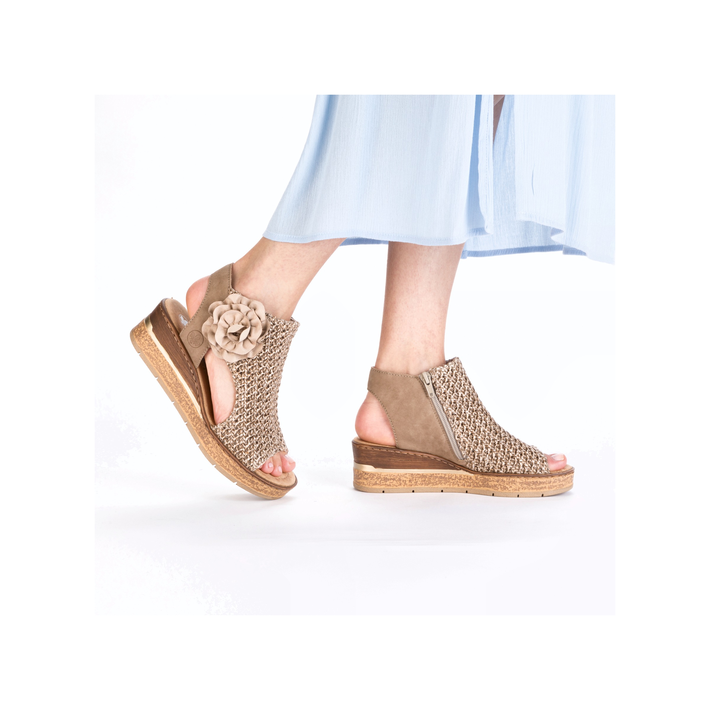 Schaftsandalette RIEKER, Damen, Gr. 43, beige, Nubuklederimitat, Textil, Schuhe, Keilsandale, Sommerschuh, Plateausandalette mit Blüte 2