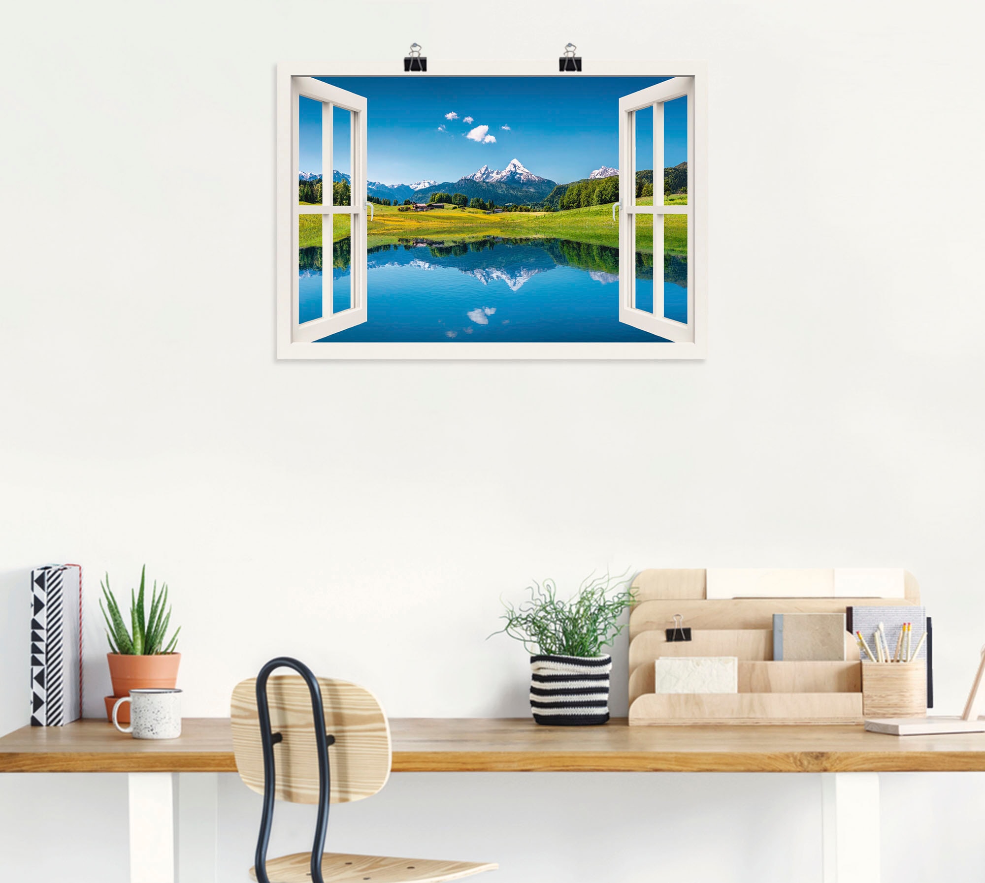 Artland Wandbild »Fensterblick Alpen und Bergsee«, Berge, (1 St.), als Leinwandbild, Poster, Wandaufkleber in verschied. Größen