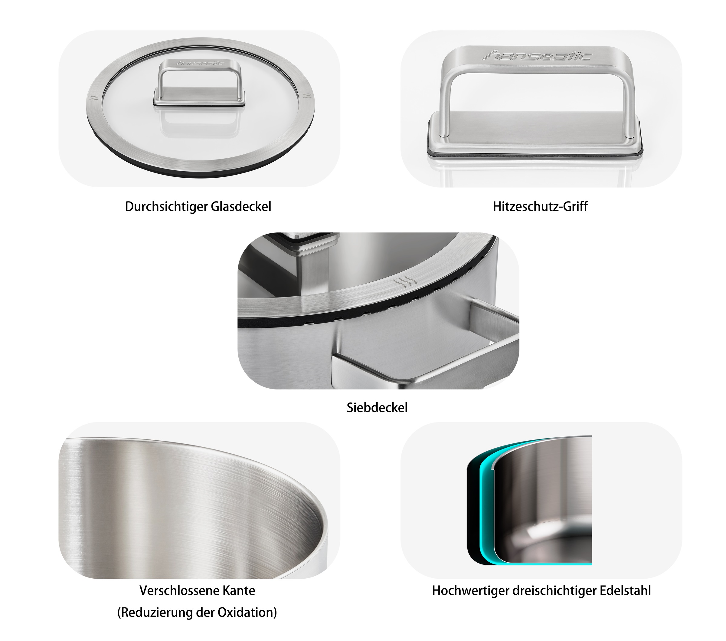 Hanseatic Topf-Set »PREMIUM«, Edelstahl, (Set, 9 tlg., Kochtopf 1x 16 cm / 2x 20 cm / 1x 24 cm, Stielkasserolle 16 cm), handfreundliche Griffe, Literskala, Glasdeckel, Induktion
