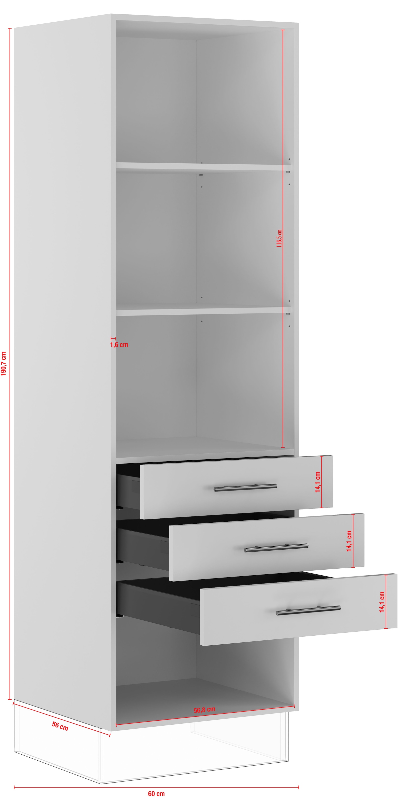 IMPULS KÜCHEN Seitenschrank »"Prag", Breite/Höhe: 60/190,7 cm, mit Soft-Close«, vormontiert, mit Schubkästen, mit verstellbaren Fachböden