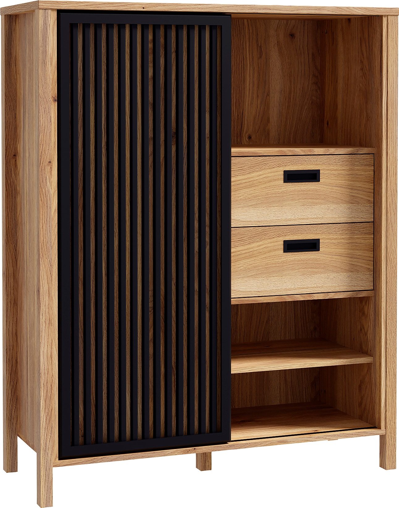 FORTE Highboard »Jytana«, Breite 103,4 cm, Schiebetüre mit Lamellenoptik, Mauvella Eiche/Schwarz