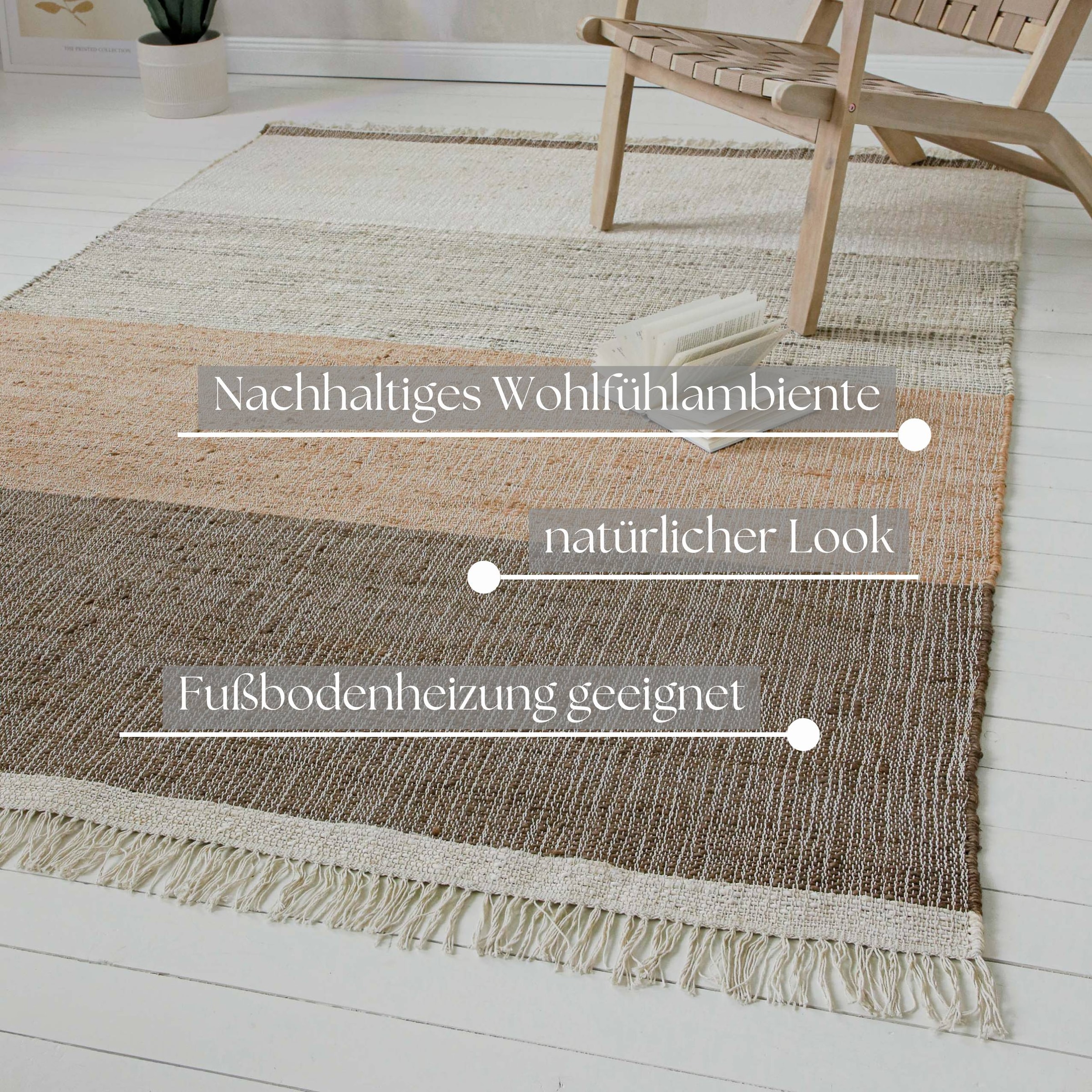my home Teppich »Dallin«, rechteckig, 4 mm Höhe, 80% Jute, handgewebt, mit Fransen, Wohnzimmer, Naturfaser