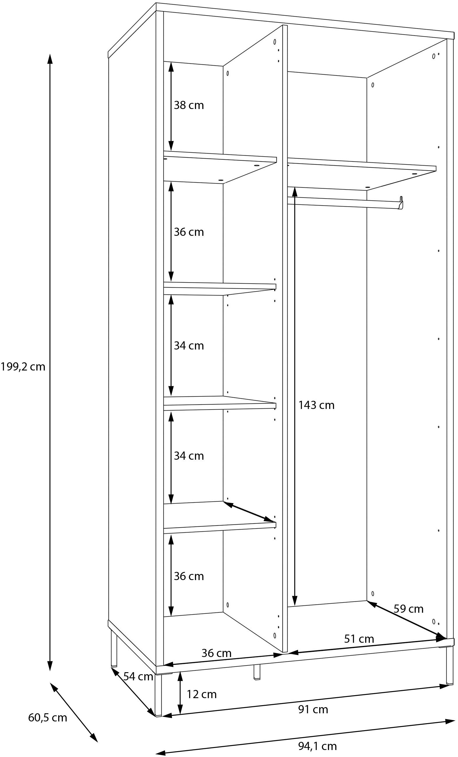 FORTE Kleiderschrank »Forte Seravel Drehtürenschrank, Lamellenoptik, 2 Türen« B/H/T 94,1/199,2/60,5 cm, Metallfüße