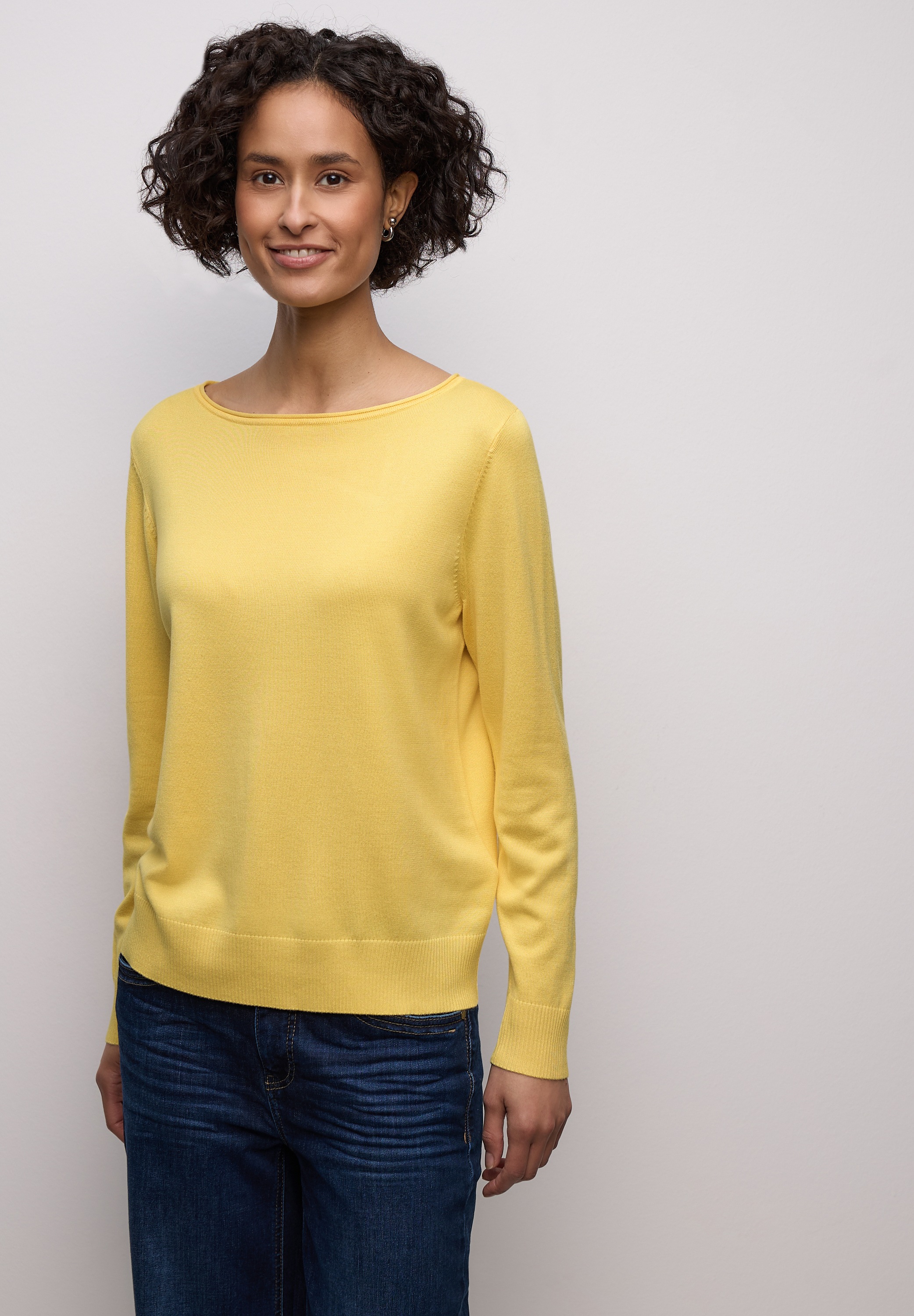 Longpullover STREET ONE, Damen, Gr. 42, bloom gelb, Stoff, 86% Viskose, 14% Polyester, unifarben, comfort fit normal, U-Boot-Ausschnitt, Bündchen, Pullover Longpullover, mit Strick-Detail