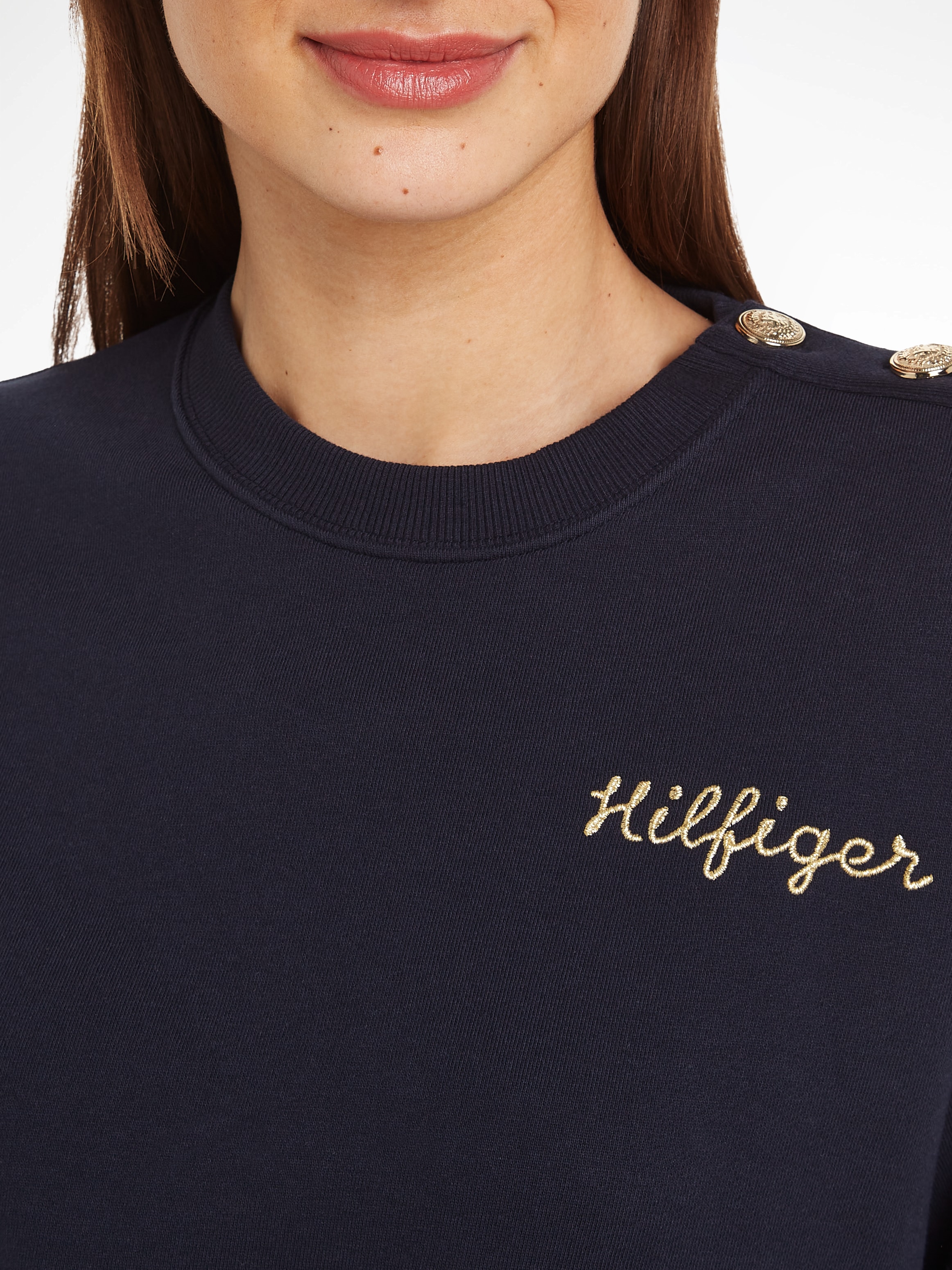 Tommy Hilfiger Sweatshirt »REG GOLD BUTTON SWEATSHIRT«, mit goldfarbenen Knöpfen auf der Schulter, Logostickerei