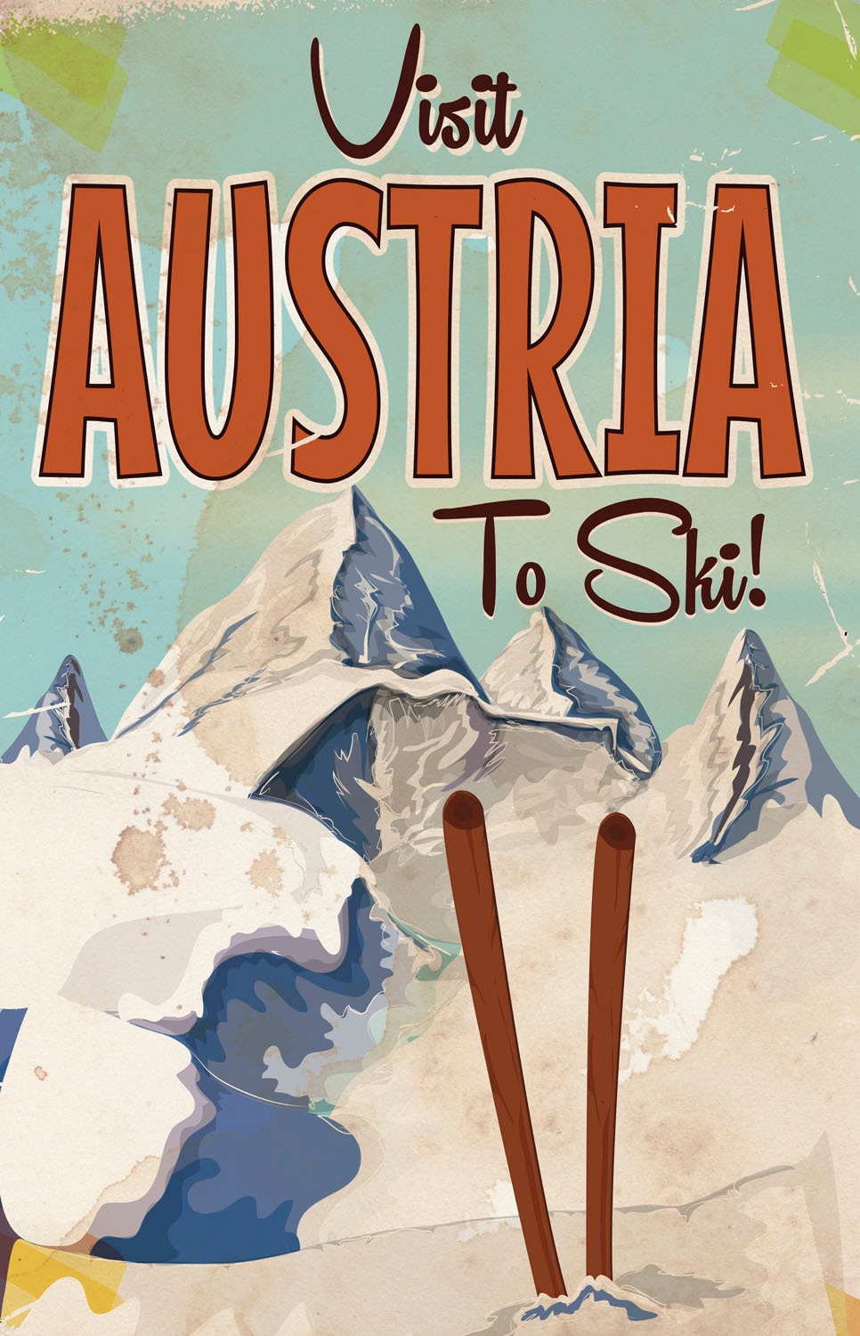 queence Metallbild »Visit Austria«, Schriftzüge-Schriftzug-Berge & Alpenbilder-Schneeflocken-Österreich, (1 St.), Stahlschild, Blechschild, Ski, Österreich