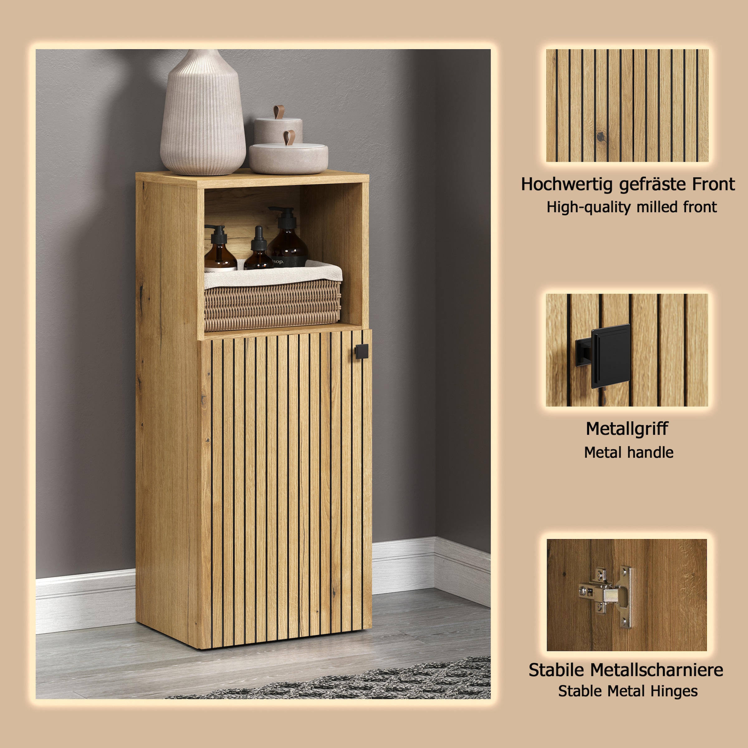 welltime Unterschrank »Amrum«, (1 St.), Badschrank mit offenem Fach und Rillenoptik - Maße (B/T/H) 40/31/95 cm