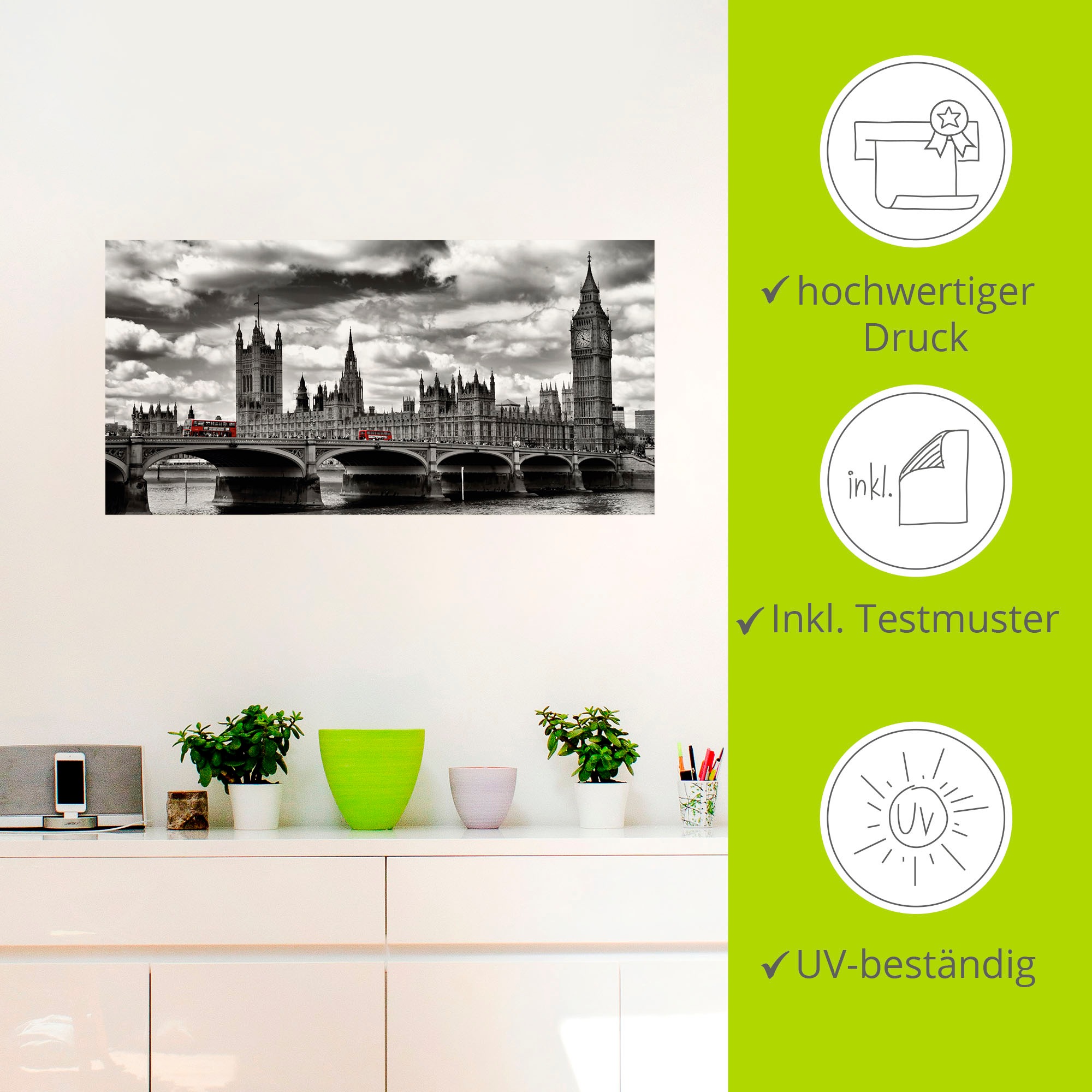 Artland Wandbild »London Westminster Bridge & Red Buses«, Großbritannien, (1 St.), als Leinwandbild, Poster, Wandaufkleber in verschied. Größen