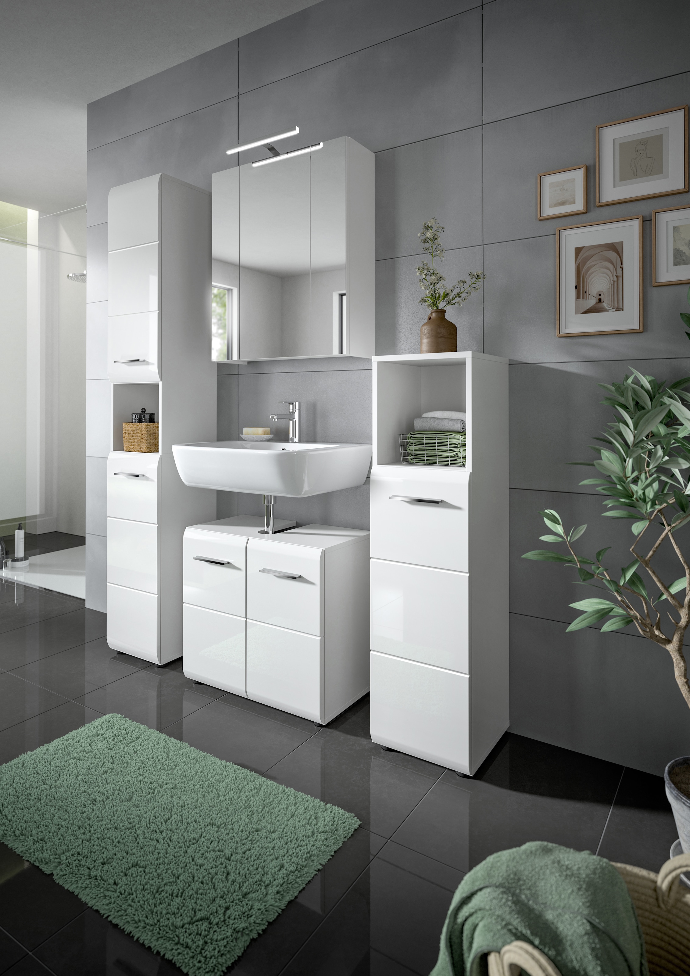 INOSIGN Badezimmer-Set, (Set, 5 St.), Florenz, Badkombination 5-tlg., Weiß hochglanz,l inkl Beleuchtung