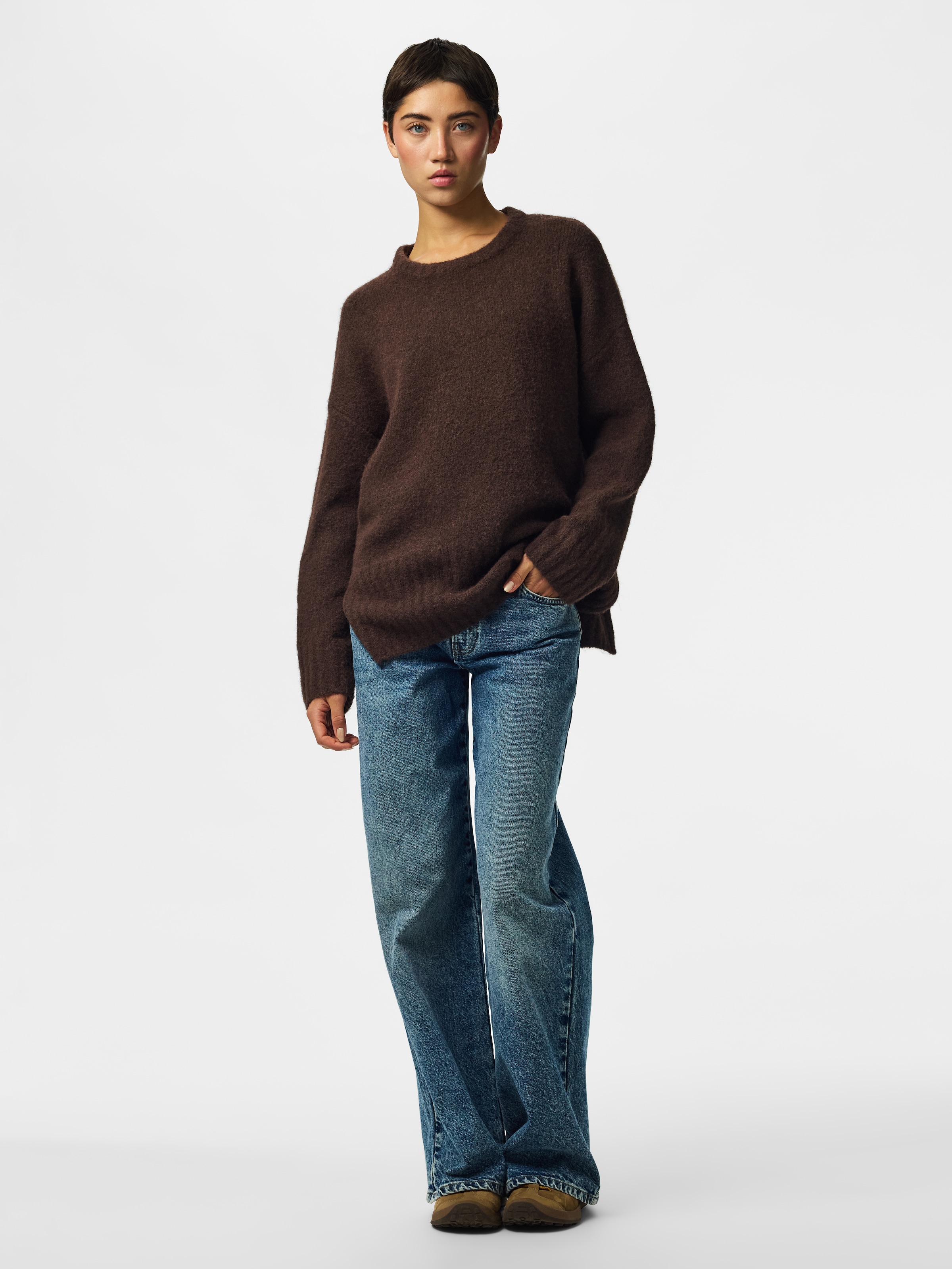 pieces Strickpullover »PCTINA LS O-NECK KNIT NOOS« Materialmix