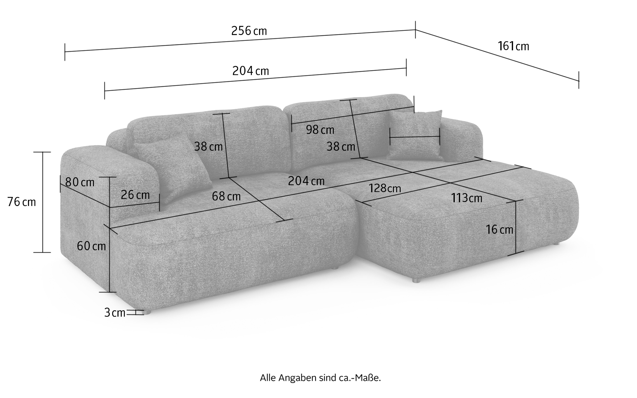 OTTO home Ecksofa »VEEVIA L-Form, Schlafsofa, Verlässliche Qualität, Breite 256cm« mit Bettkasten, belastbar bis 480kg, inklusive Rücken- und Zierkissen