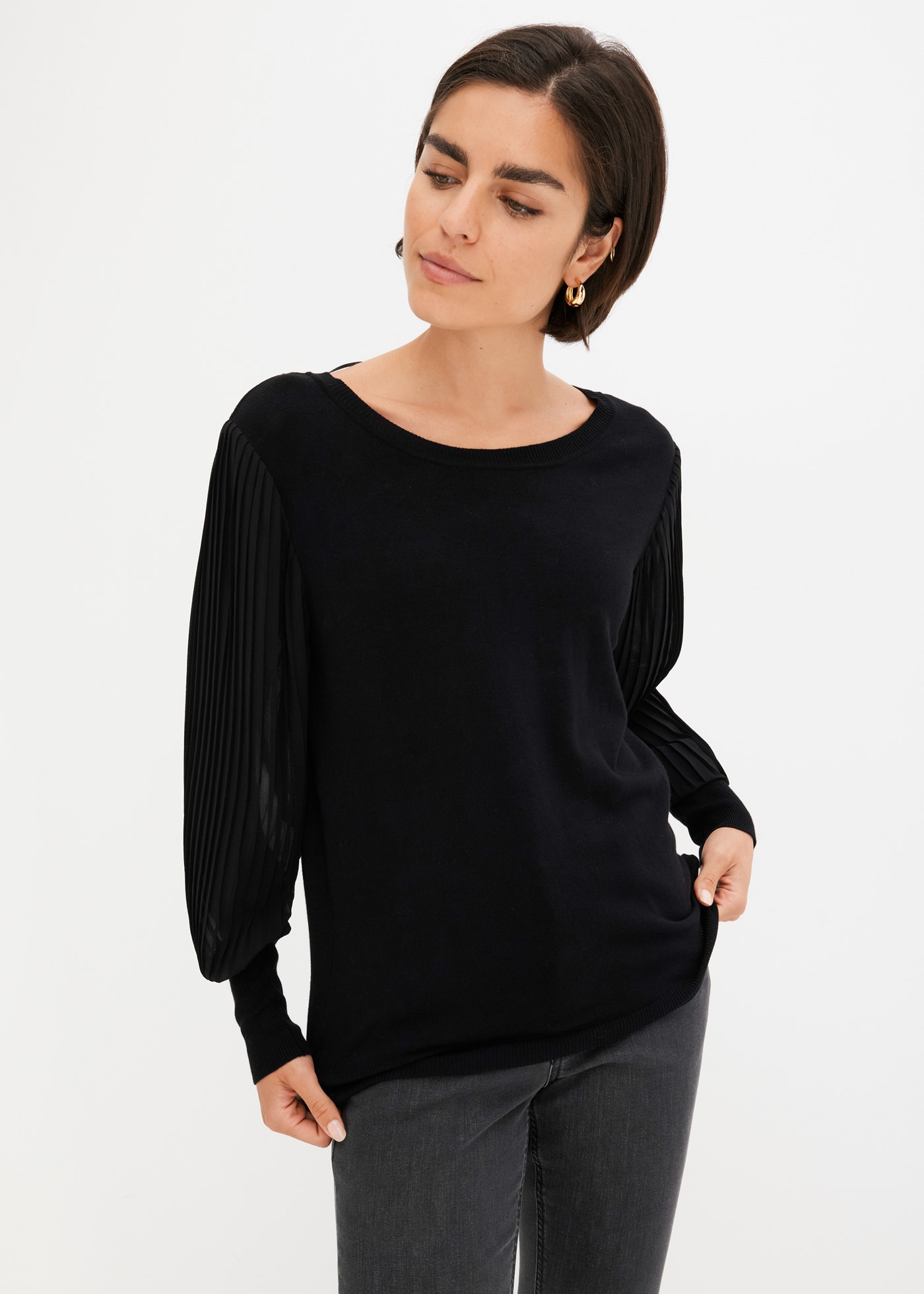 bonprix Strickpullover "Feinstrickpullover aus fließendem Viskose-Mix" im tollen Viskose-Mix, mit weiten, extravaganten Plisseeärmeln, bequem