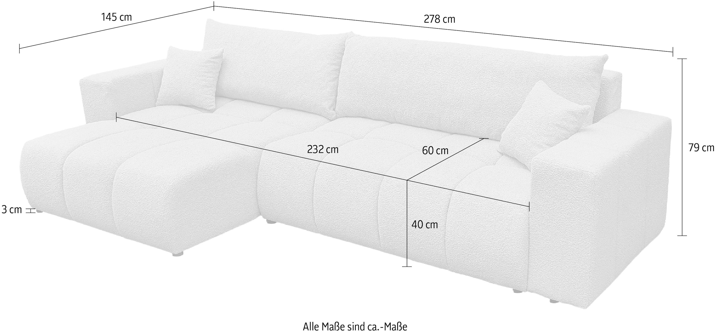 WERK2 Ecksofa »Ofi XL L-Form Sofa in Bubble-Optik mit Schlaffunktion und Bettkasten« Trendstoff Bouclé – Ottomane beidseitig montierbar, inkl. 2 Zierkissen