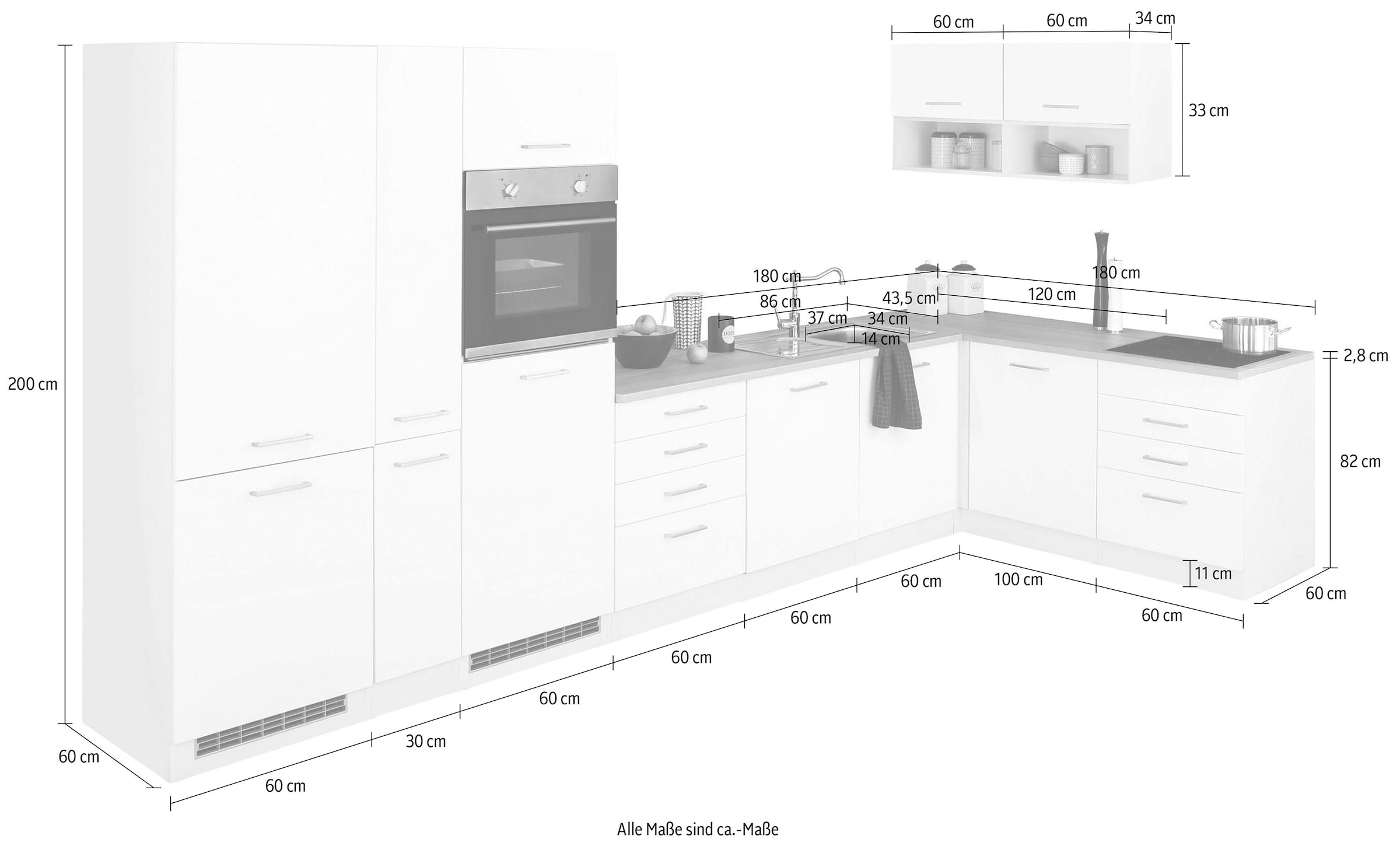 HELD MÖBEL Winkelküche »Visby«, ohne E-Geräte, 390x180 cm, für Kühl/Gefrierkombi und Geschirrspüler