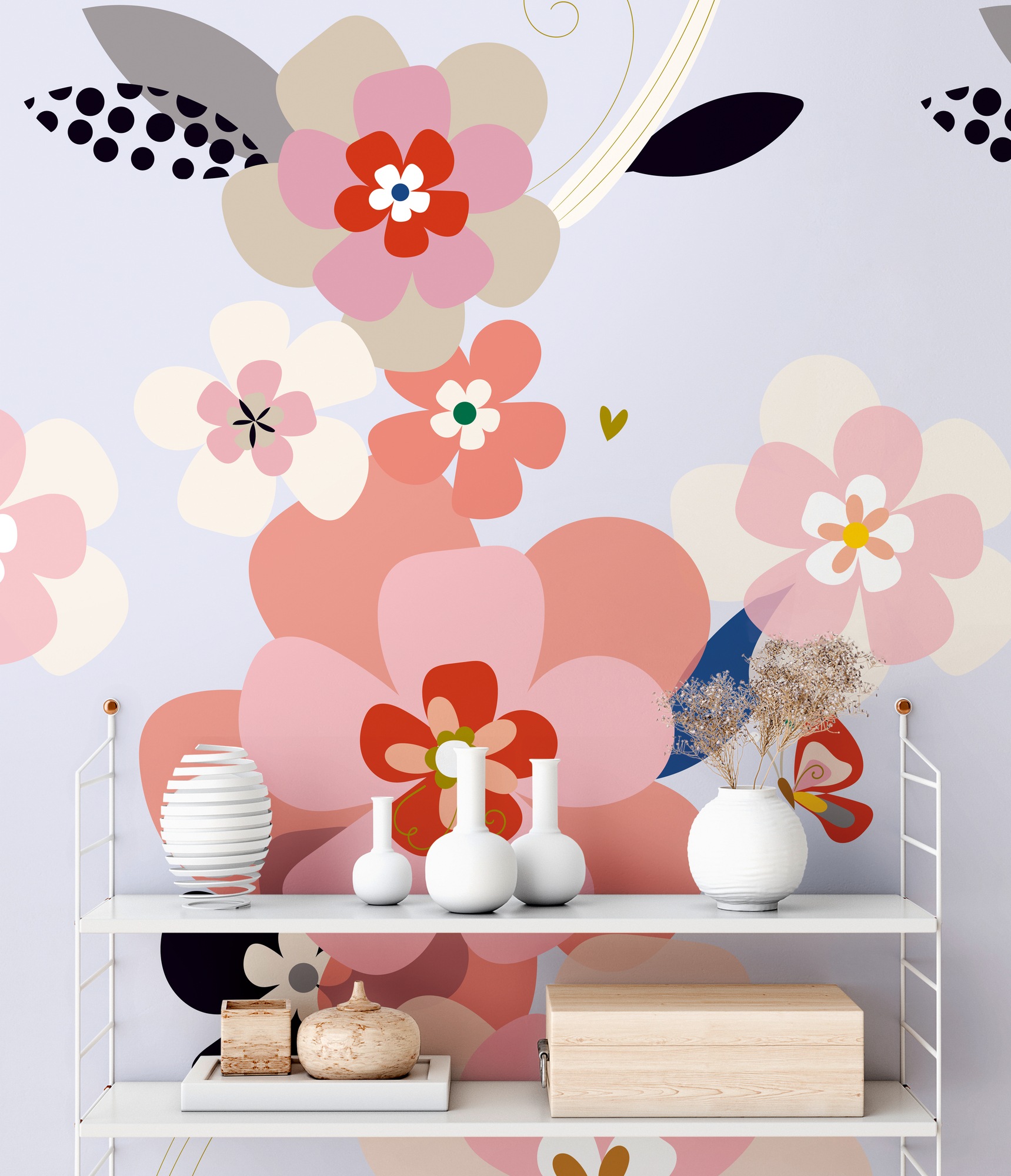 living walls Fototapete "Fototapete Blumen" gemustert matt neutral glatt RetroBlumen-Tapete Tapeten Wohnzimmer Schlafzimmer Küche Design Optik