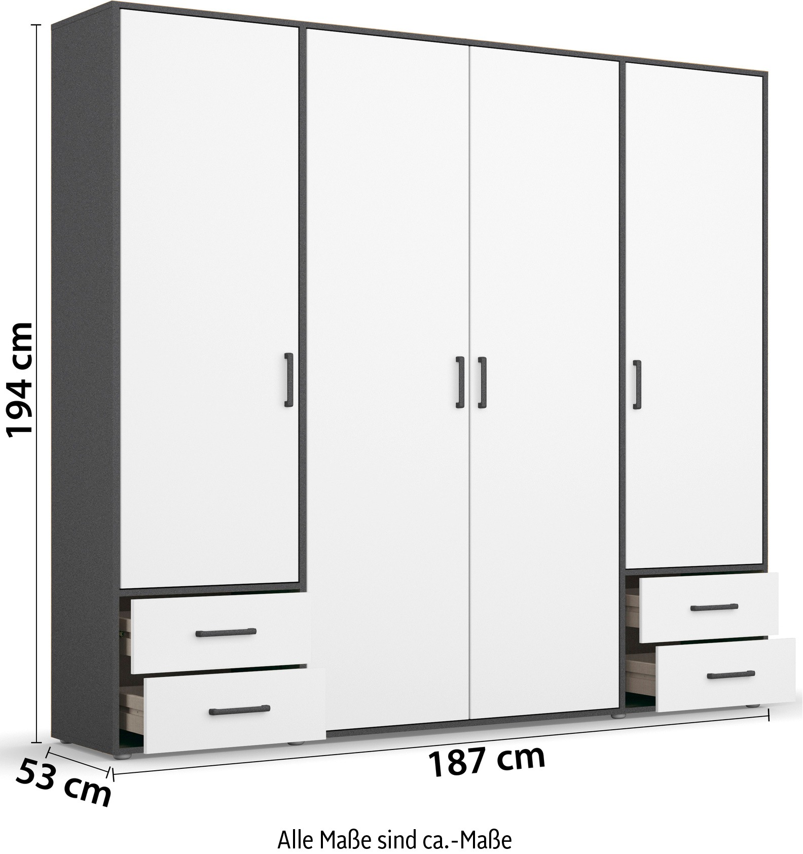 rauch Drehtürenschrank »Kleiderschrank Schrank Garderobe Wäscheschrank VOYAGER«, moderne Griffe in Graumetallic mit Außenschubkästen MADE IN GERMANY