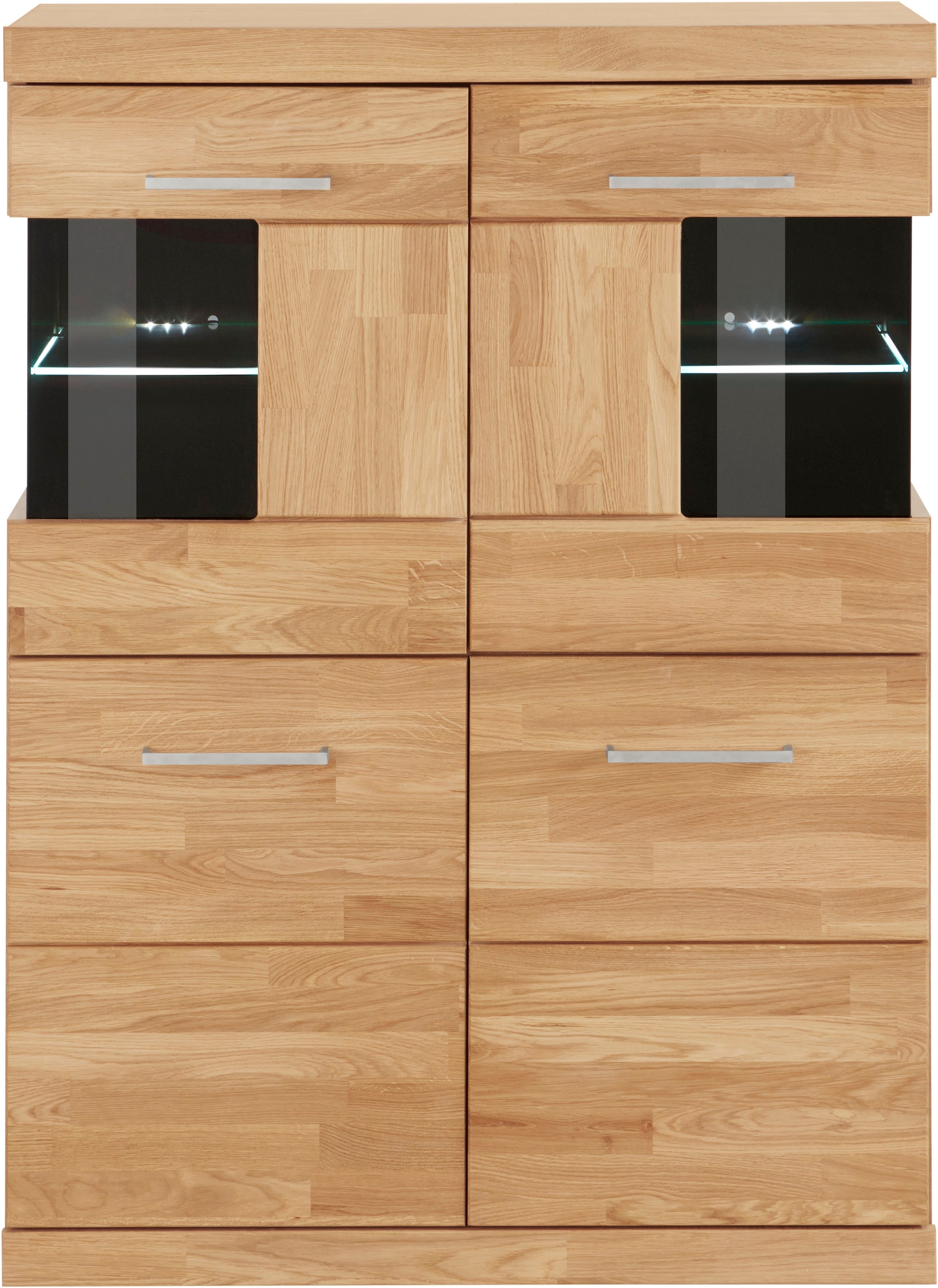 Home affaire Highboard »Ribe,85cm breit,115cm hoch, Fronten Massivholz,4 breite Fächer«, Korpus Holzwerkstoff,2Türen mit Glaseinsatz, Böden versetzbar