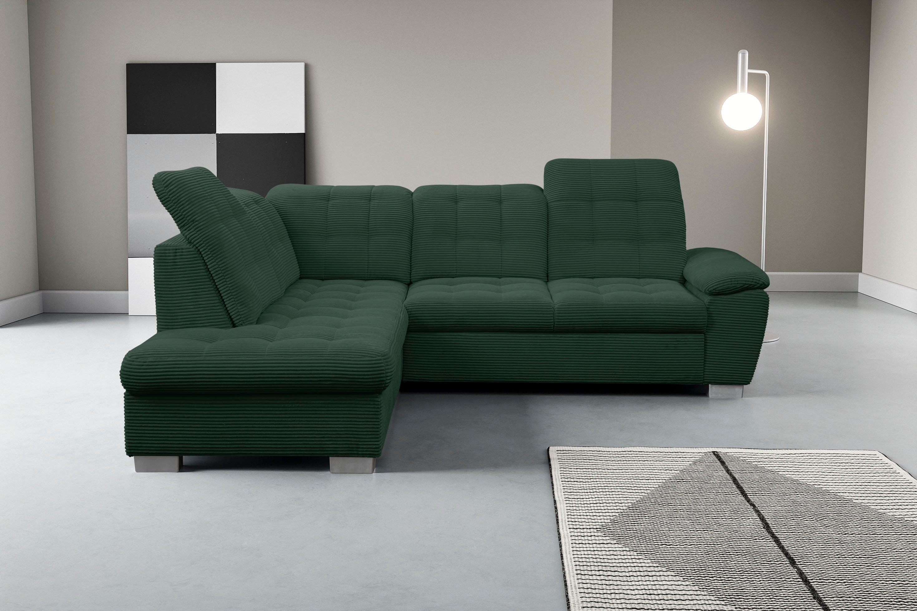 WERK2 Ecksofa "Bonny 265 x 215 cm inkl. Kopfteilverstellung modern und bequem" Cord, L-Form, Schlaffunktion, Bettkasten