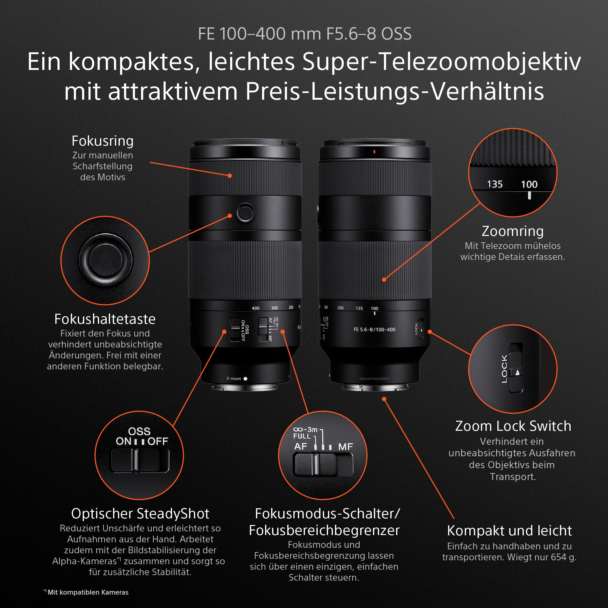 Sony »SEL100400« Sony SEL100400B, FE 100–400 mm F5.6-8 OSS Vollformat-Objektiv