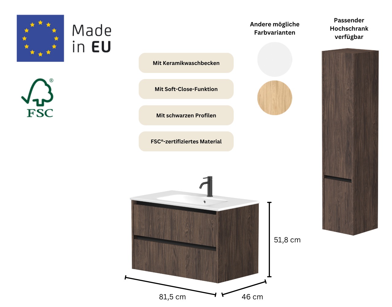 Thumbnail - welltime Waschtisch "City" B/T/H: 81,5/46/51,5 cm