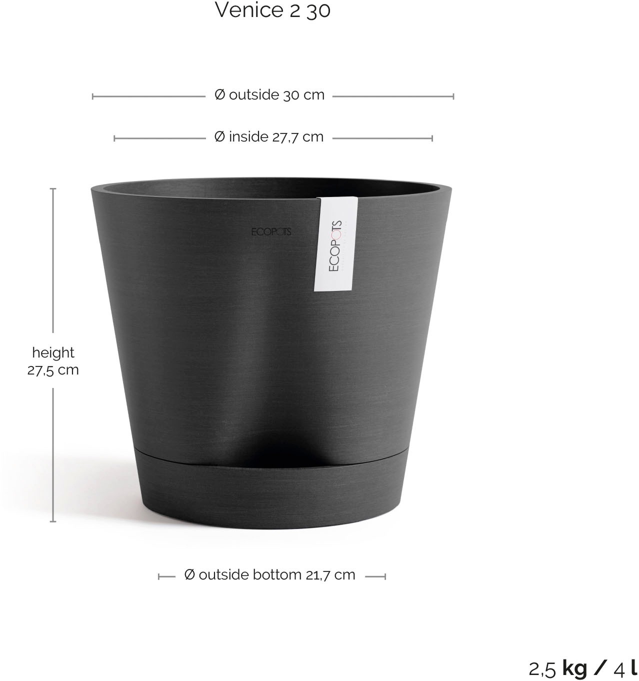 ECOPOTS Blumentopf »Venice 2 30 Dunkelgrau« für den Innenbereich