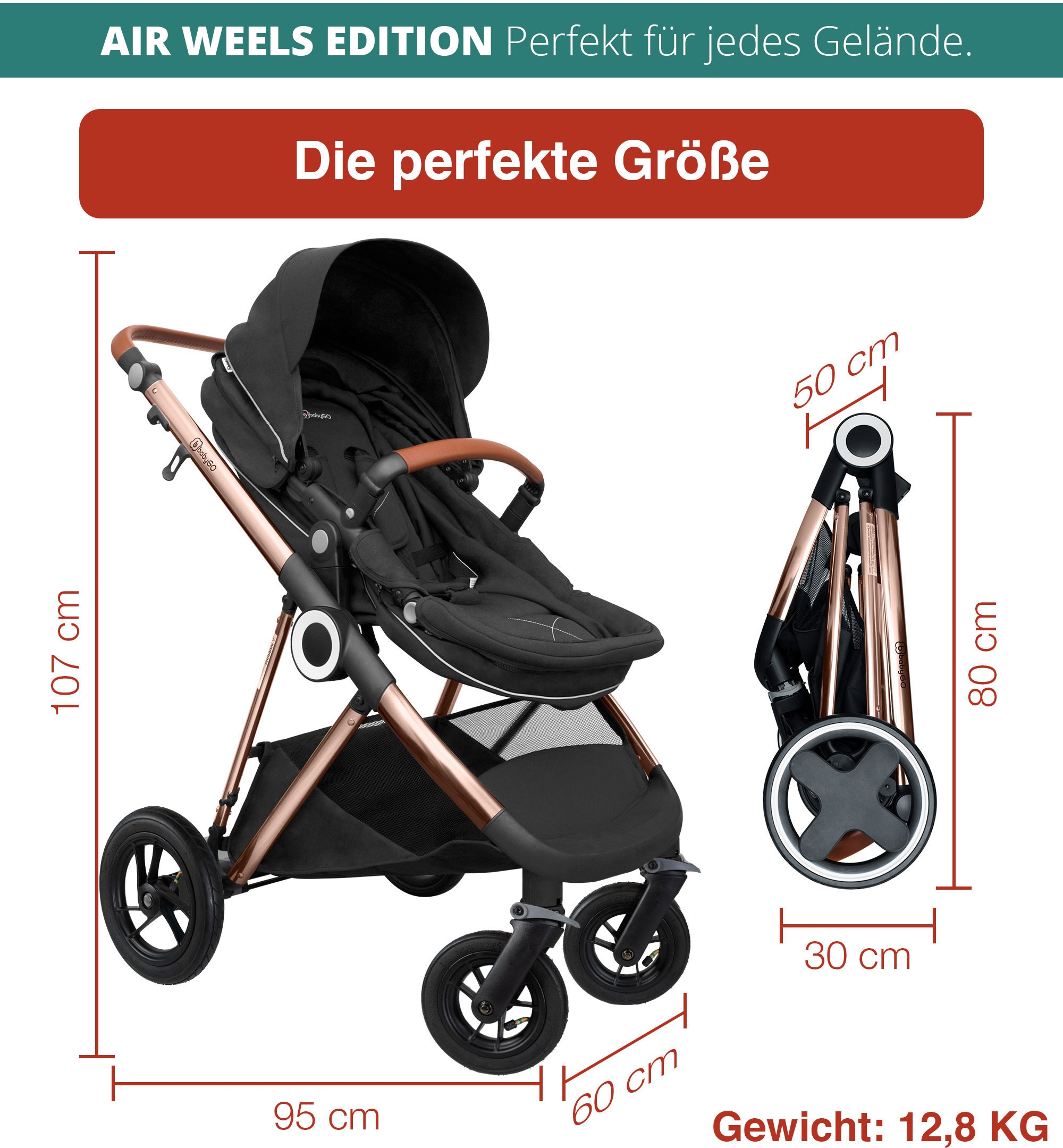 BabyGo Kombi-Kinderwagen »Halime AIR 3in1, Anthracite Gold«, mit Luftreifen, inkl. Babywanne, Babyschale, Regenhaube & Wickeltasche