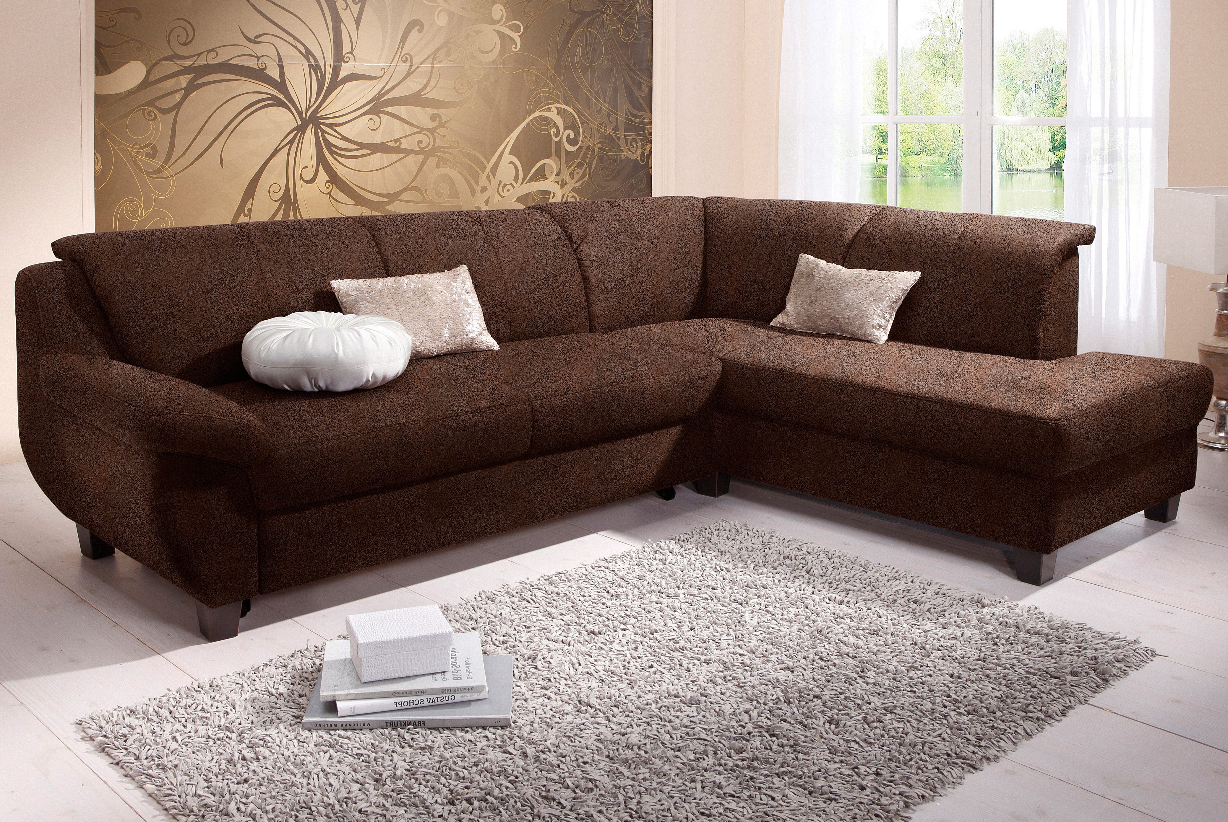 Home affaire Ecksofa "Yesterday zeitlos und elegant, bequeme Armlehnen, L-Form" Microfaser MELROSE, mocca