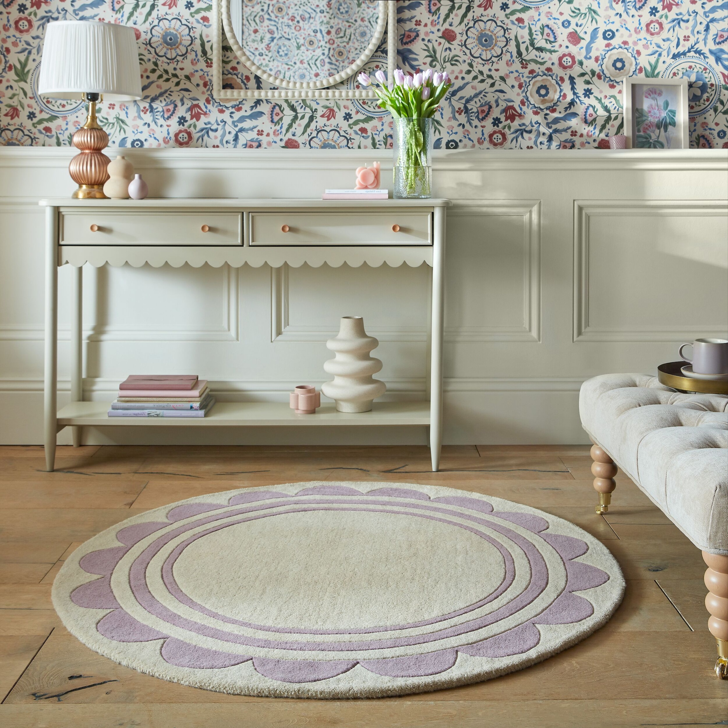 FLAIR RUGS Wollteppich "Lois rund" Lois Wollteppich mit Jakobsmuschelbordür günstig online kaufen