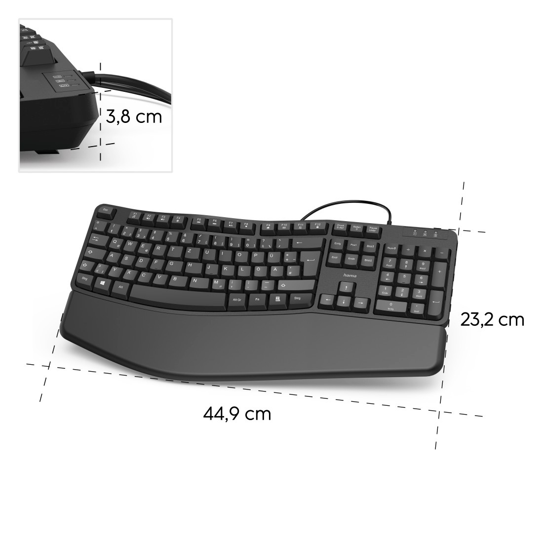 Hama ergonomische Tastatur »Ergonomische Tastatur "EKC-400", mit Handballenauflage, Schwarz«, (Antirutsch-Füße-ausklappbare Füße-ergonomische Form-Handgelenkauflage)