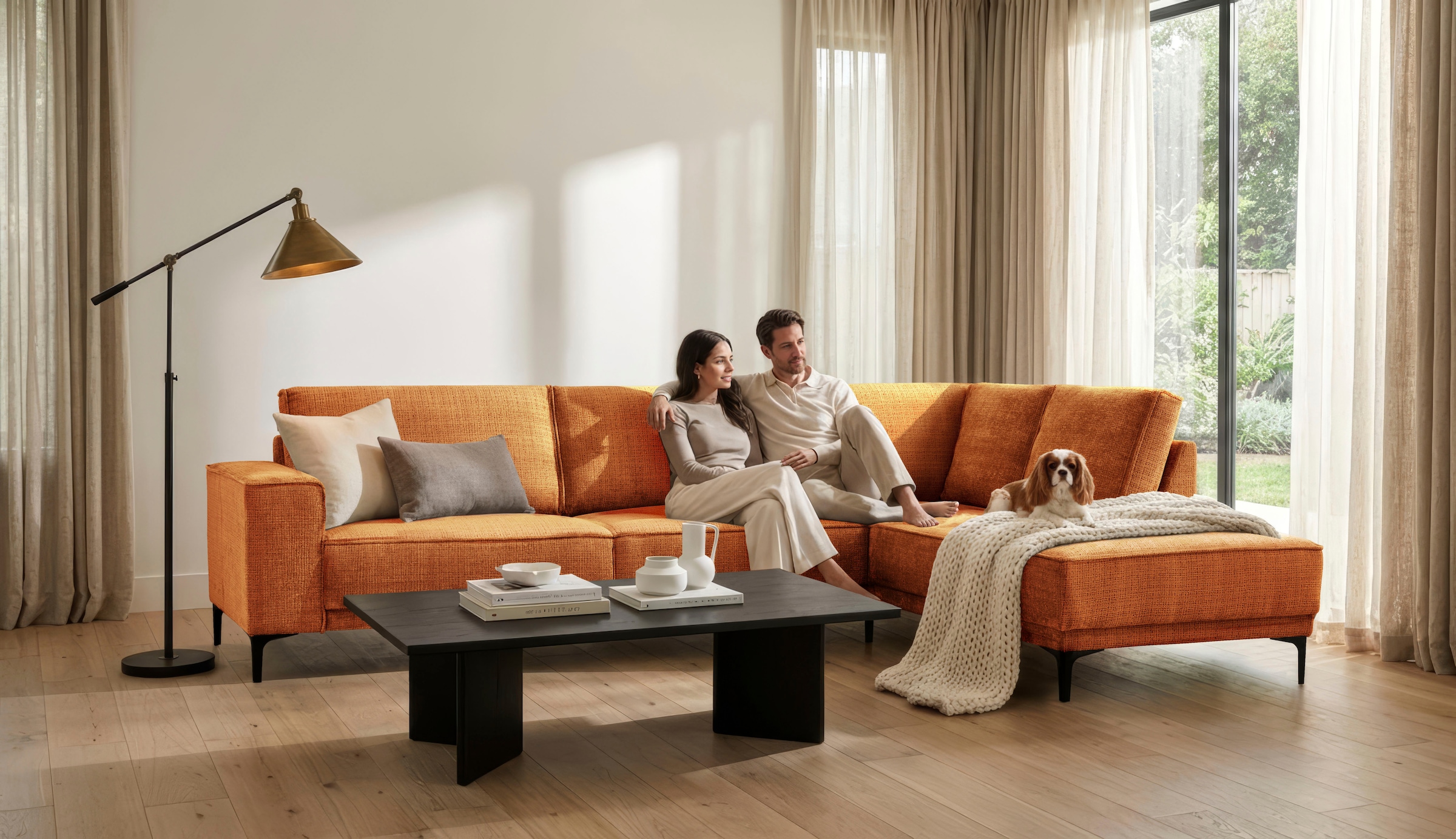OTTO home Ecksofa "OLAND Chenille L-Form, B: 289 cm, Skandi-Design" Struktur, Flachgewebe, Luxus-Microfaser, Boucle