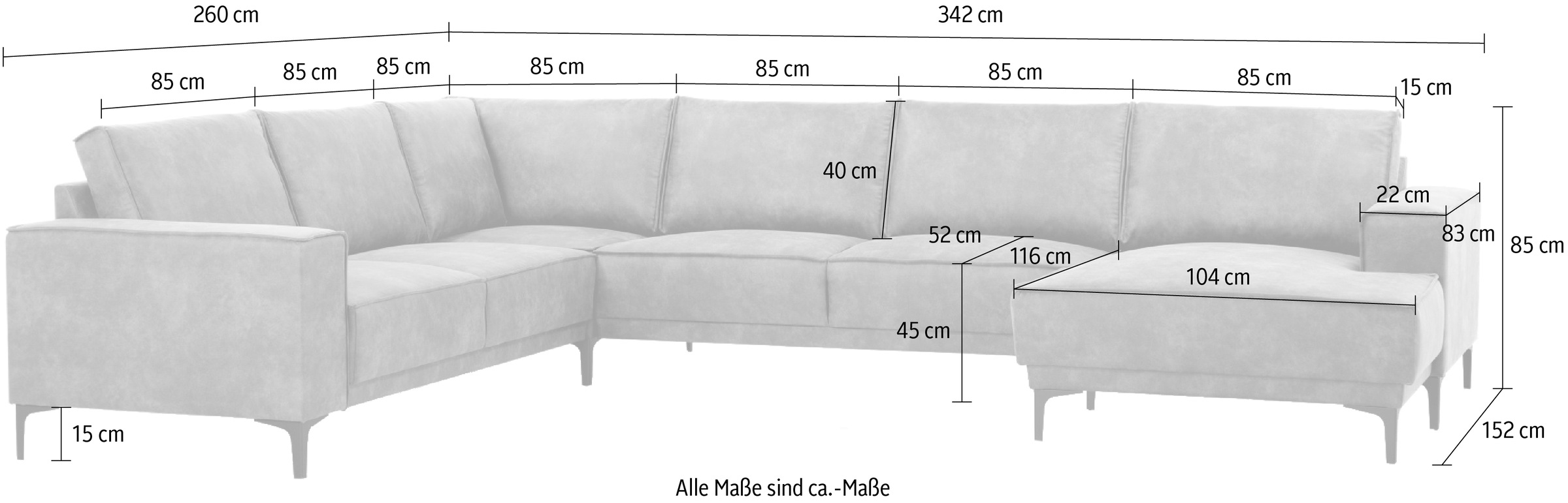 Places of Style Wohnlandschaft »XXL Sofa Oland, Struktur, Flachgewebe, Luxus-Microfaser, Boucle«, U-Form, 342 cm, Wellenunterfederung, Skandi-Design, Metallfüße