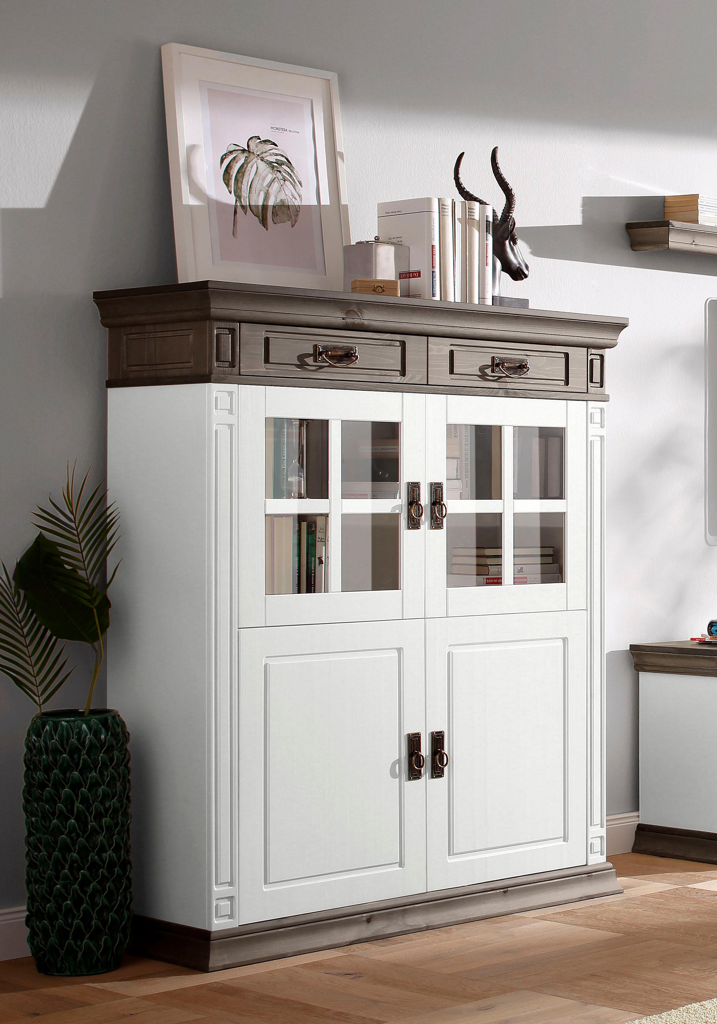 OTTO home Highboard "Vinales, 2 Schubladen, 4 Türen, 3 Einlegeböden, Griffe im Jugendstil" Vitrine, Breite 112 cm